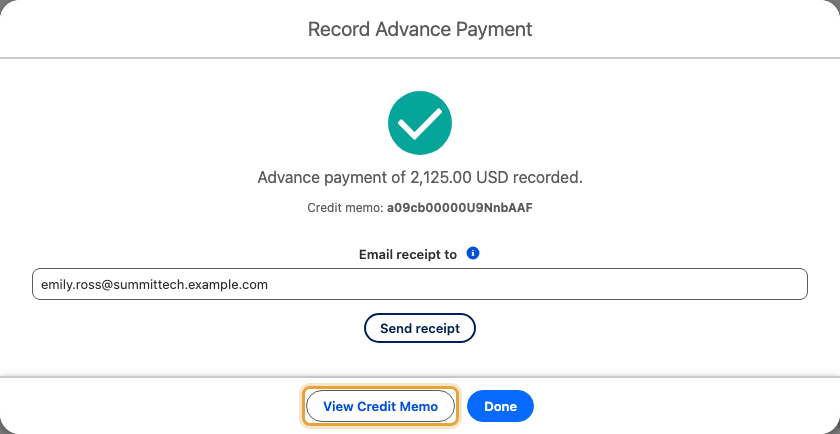 Confirmation of Emily Ross's $2,125 Q4 expansion advance and its Open credit memo, with View Credit Memo and receipt controls
