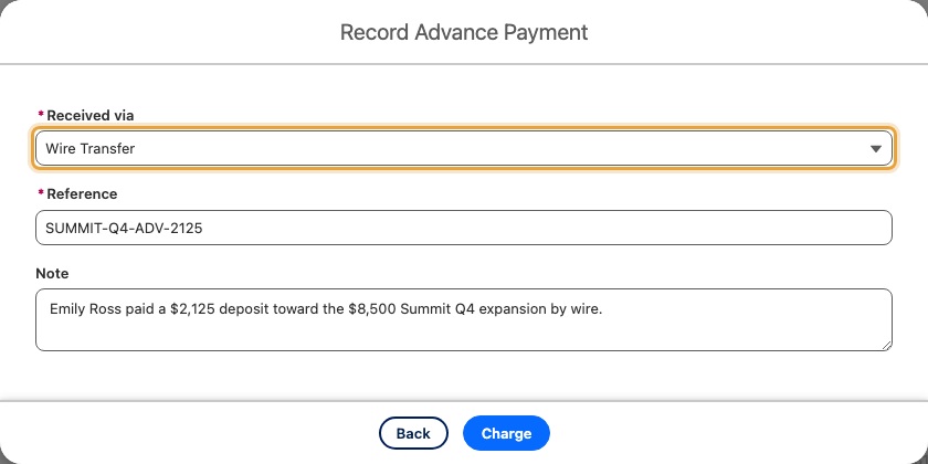 The completed details for Emily Ross's $2,125 Q4 expansion advance received by wire transfer, with its reference and note