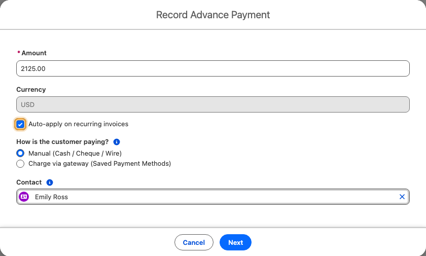 Emily Ross's $2,125 advance, 25 percent of Summit Technologies' $8,500 Q4 expansion, with Manual selected and Auto-apply on recurring invoices checked