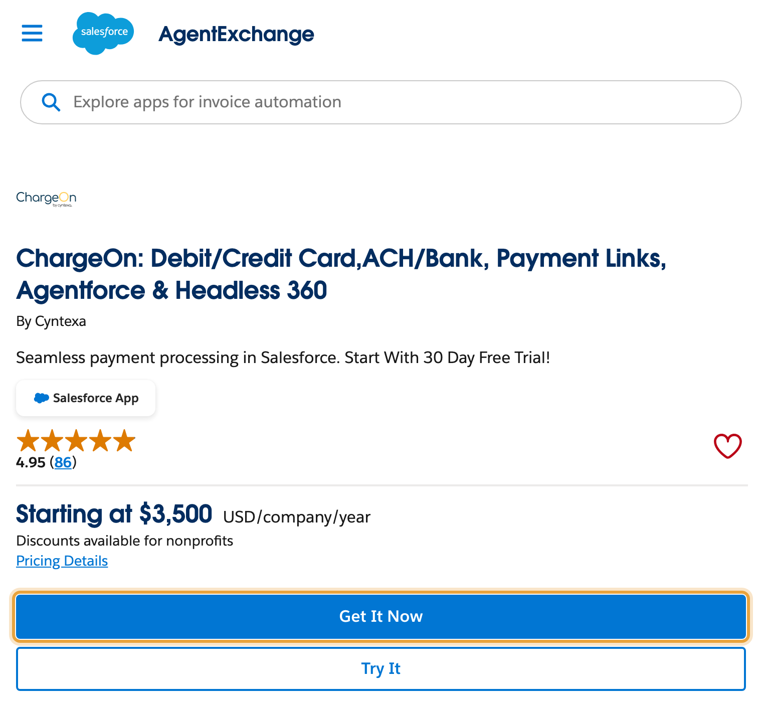 The ChargeOn listing on AgentExchange with Get It Now highlighted