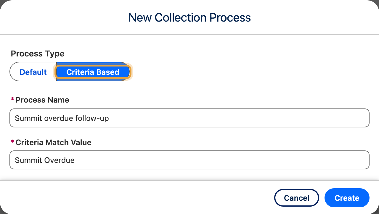 The completed New Collection Process modal with its process name and Process Type selection