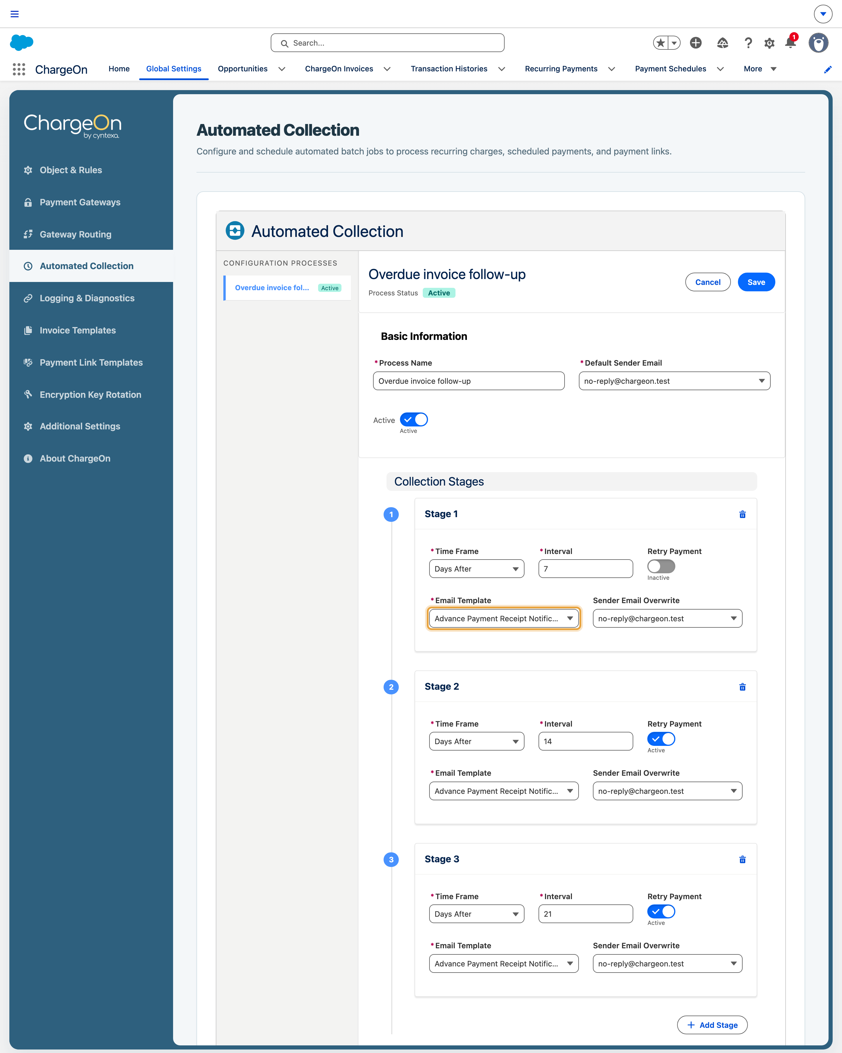 The Automated Collection screen, where the chasing rules are configured