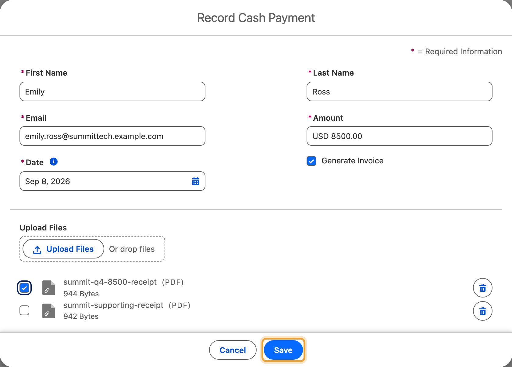 Emily Ross's $8,500 Q4 expansion cash payment form, with payment date and supporting receipt completed and Save available
