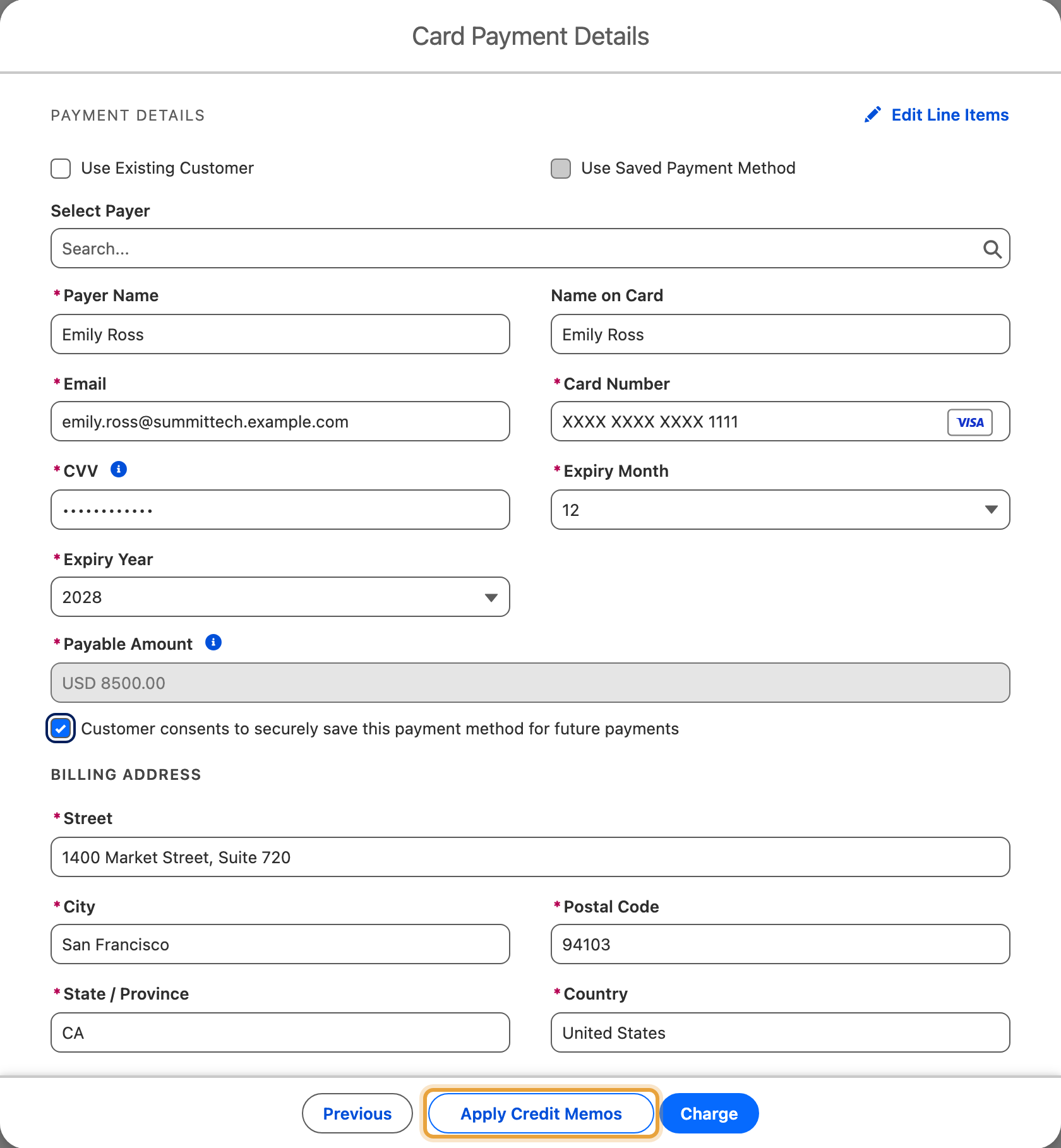 Emily Ross's $8,500 Q4 expansion payment form with Apply Credit Memos available beside Charge