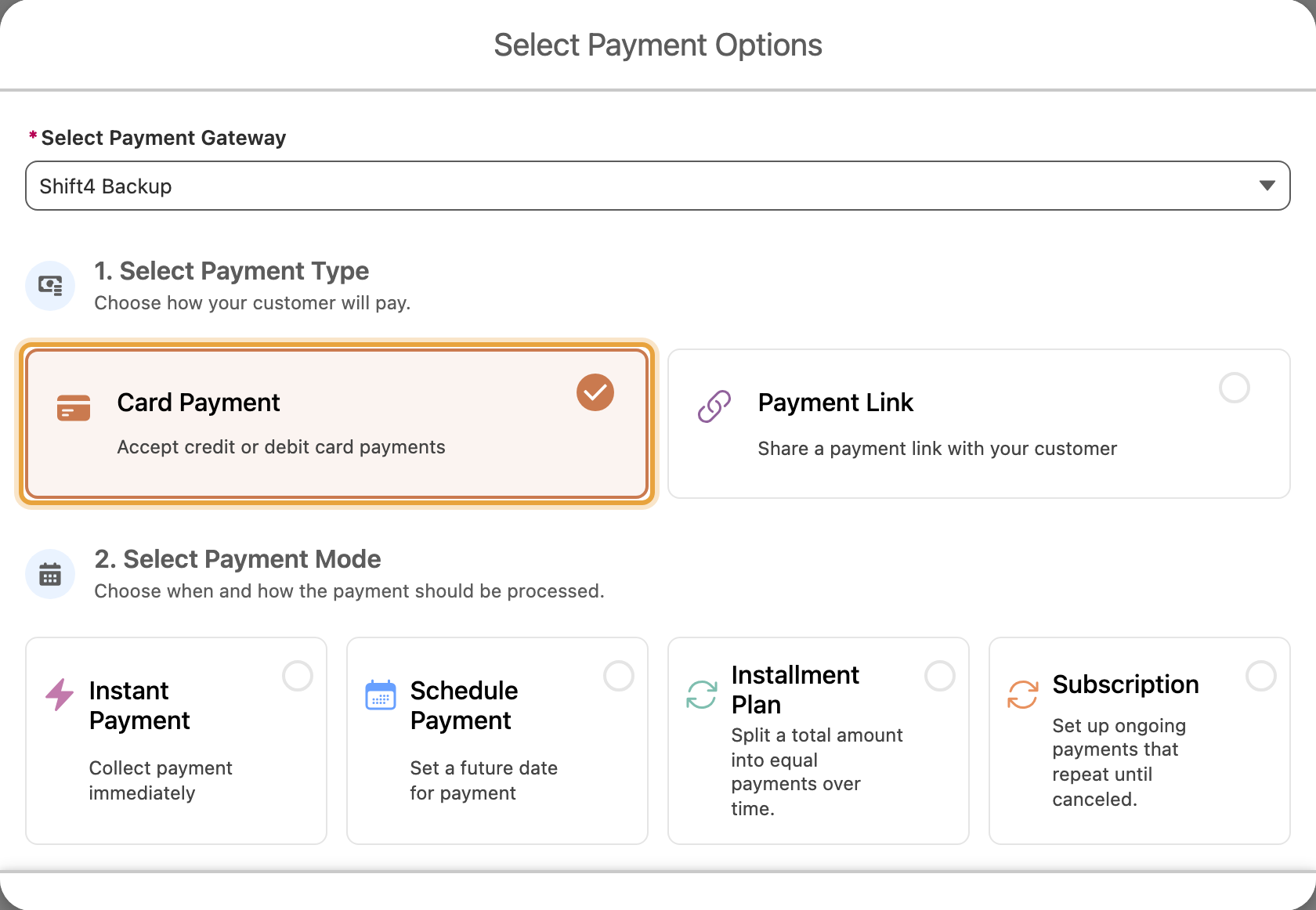 The Charge payment type chooser on the test Opportunity, with Card Payment selected and highlighted