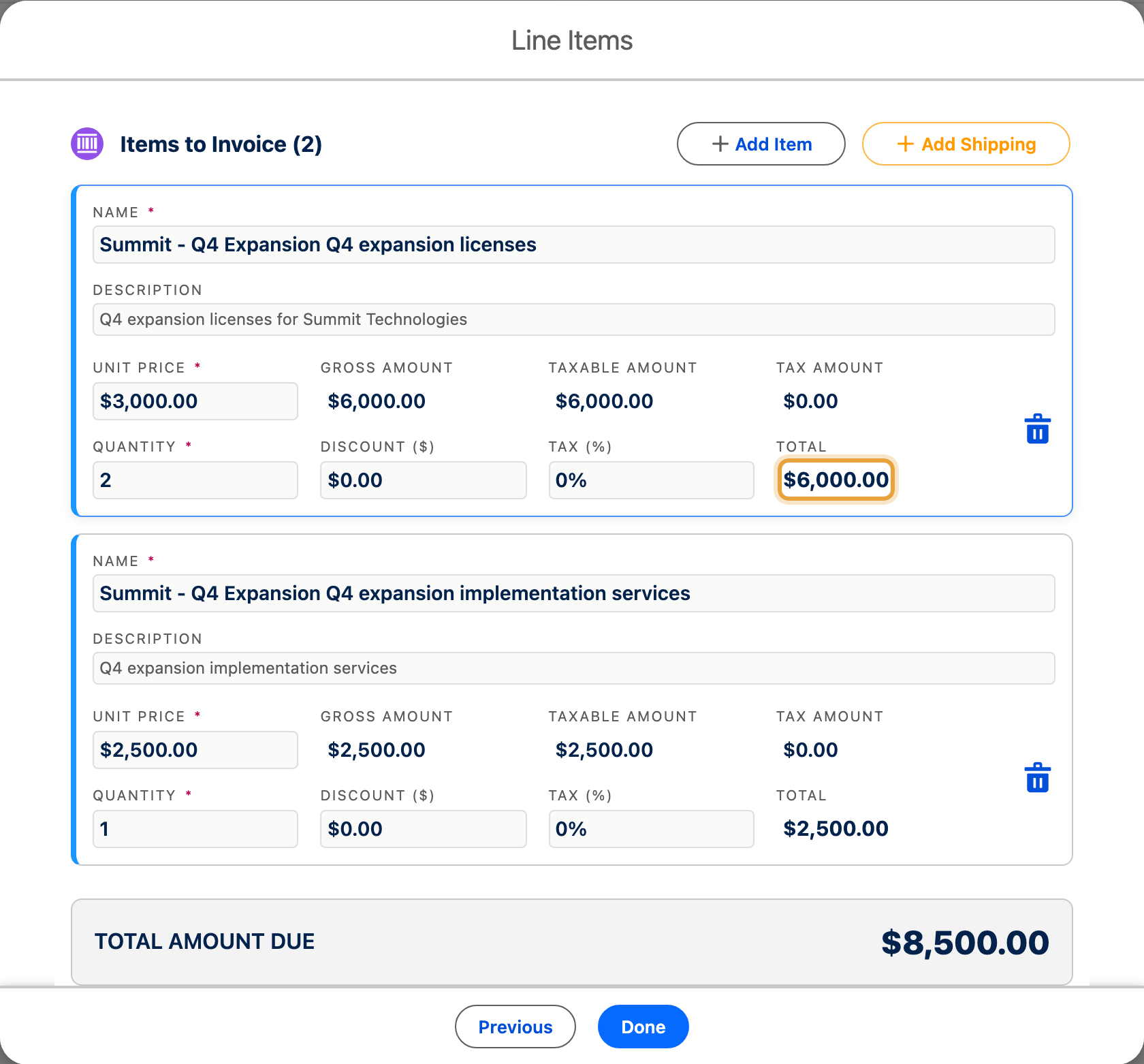 The Q4 expansion line-item editor, with $6,000 of Q4 expansion licenses and $2,500 of implementation services totalling $8,500