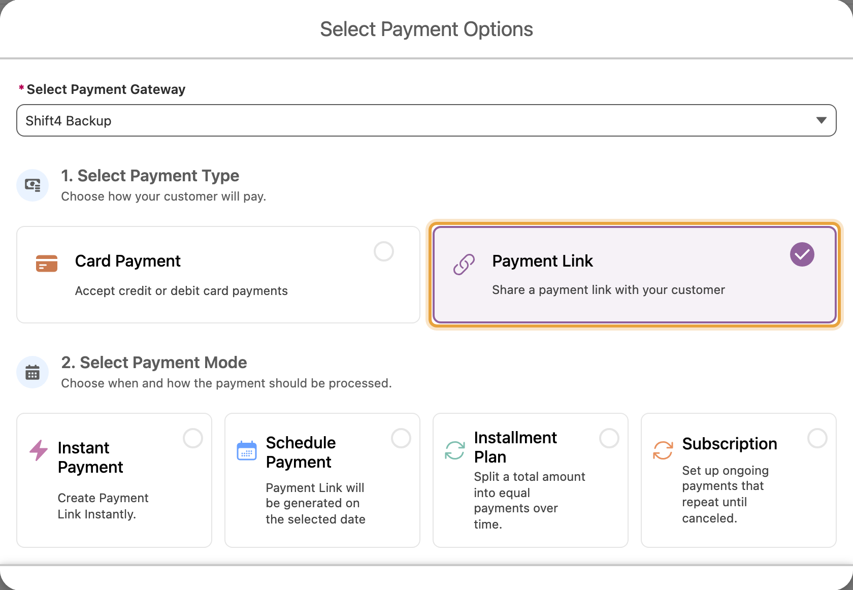 The Charge payment type selection with Payment Link highlighted beside Card Payment