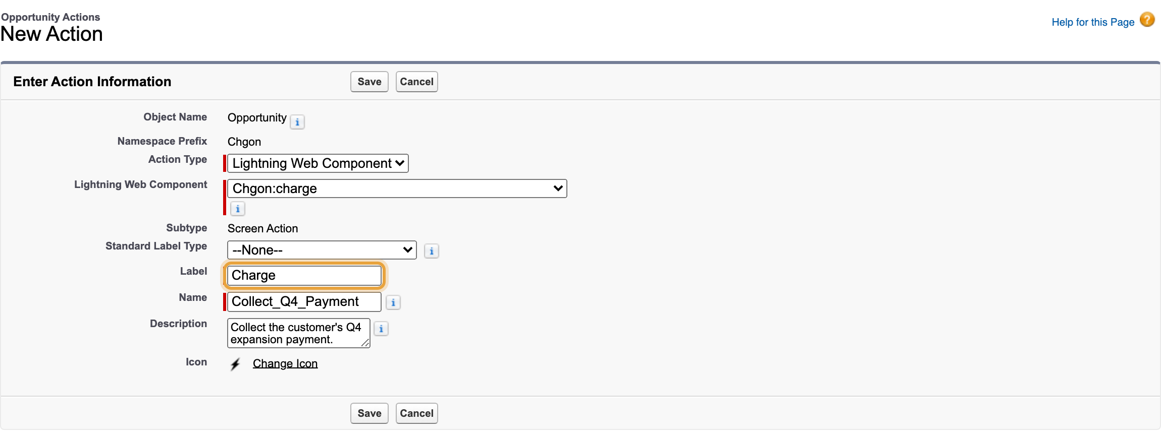The completed New Action form for Opportunity, with Lightning Web Component charge and the Charge label