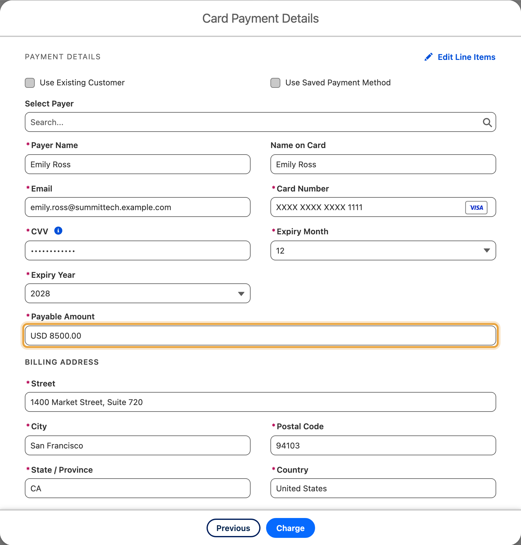 The completed Charge form for Emily Ross’s Summit Technologies Q4 expansion, with Payable Amount showing USD 8,500