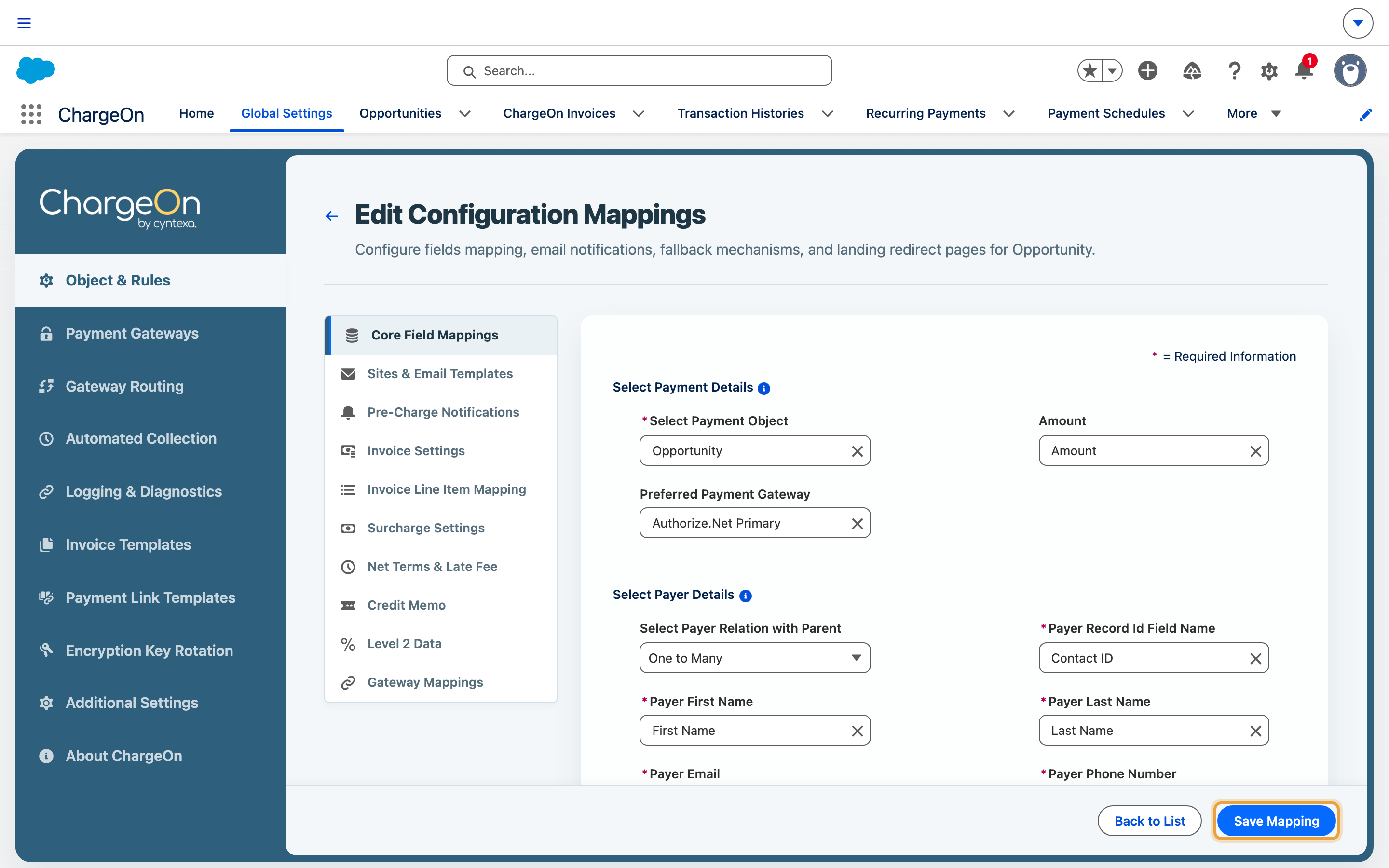The completed object mapping form with payment object, payer fields, site, gateway and Save Mapping visible