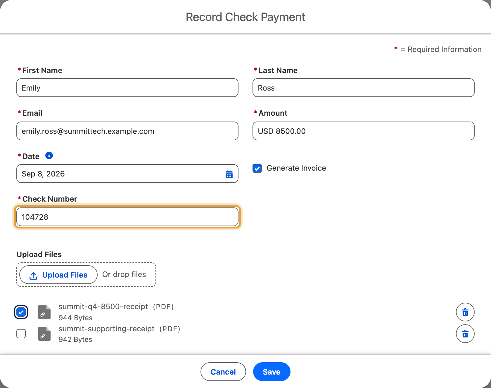 Emily Ross's $8,500 Q4 expansion check payment form, with check number, date and supporting receipt completed