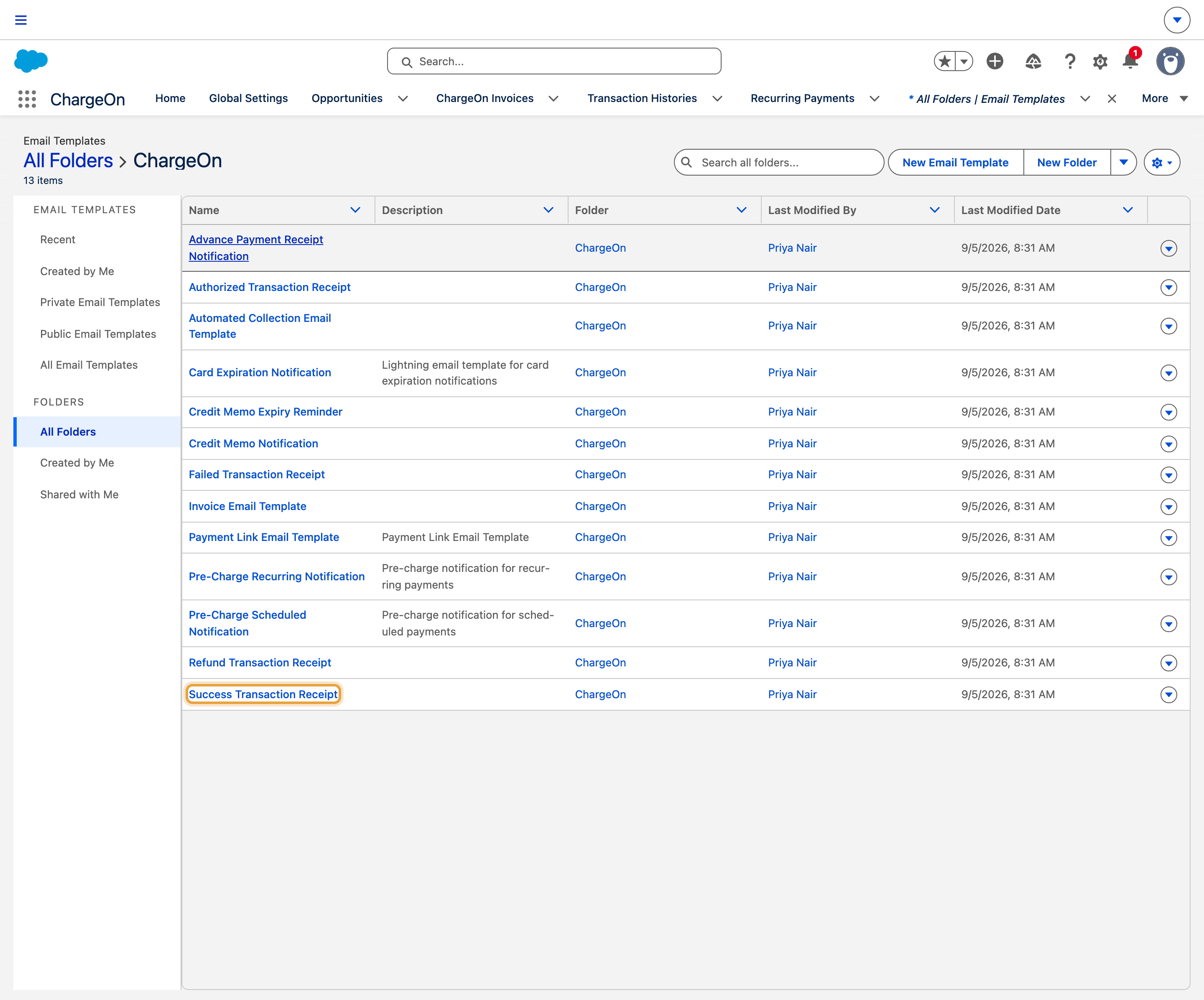 The ChargeOn folder in Lightning Email Templates, with its packaged templates and Success Transaction Receipt visible