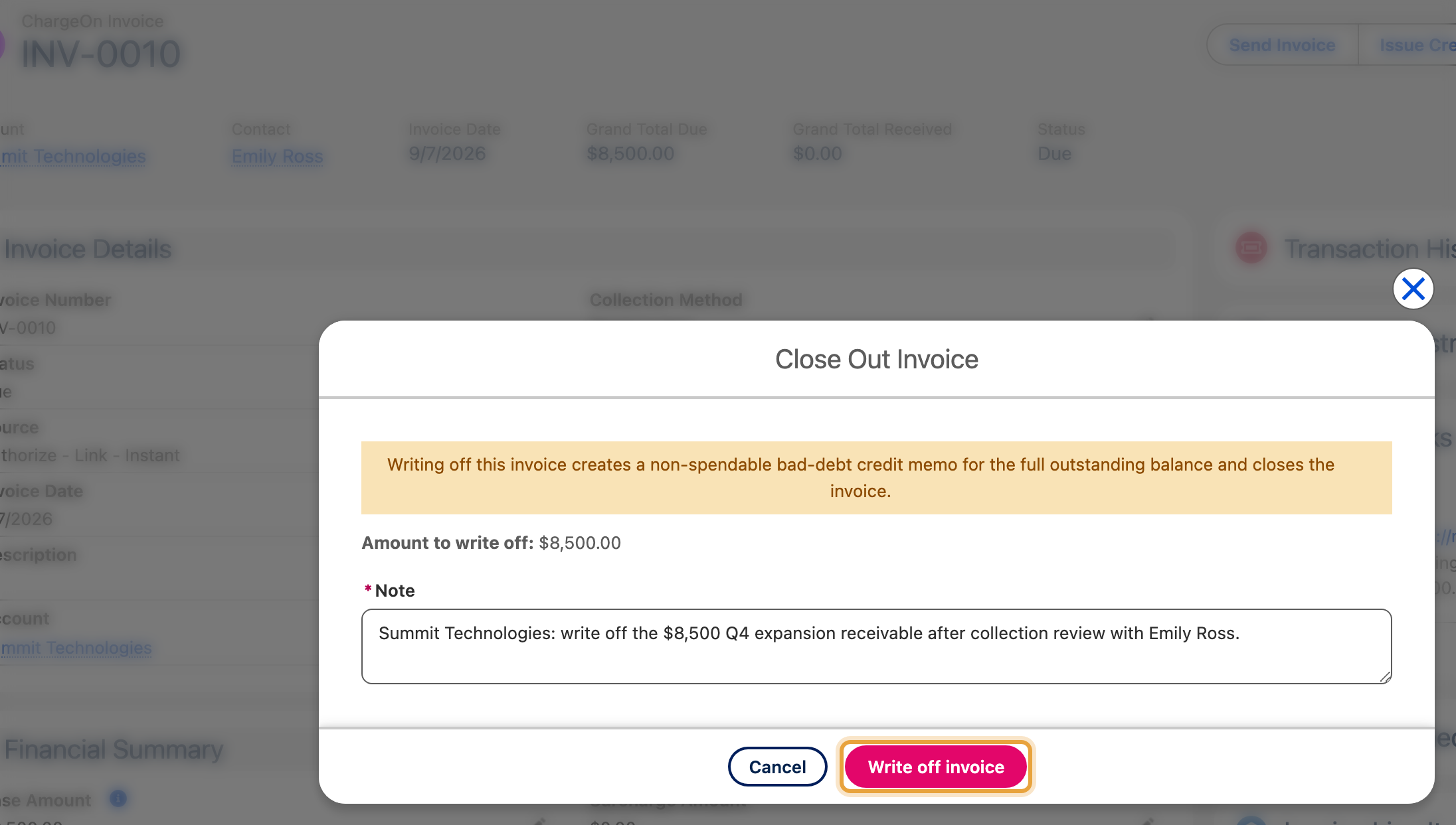 The same $8,500 Q4 expansion invoice in the close-out dialog, with the matching outstanding amount and a completed note