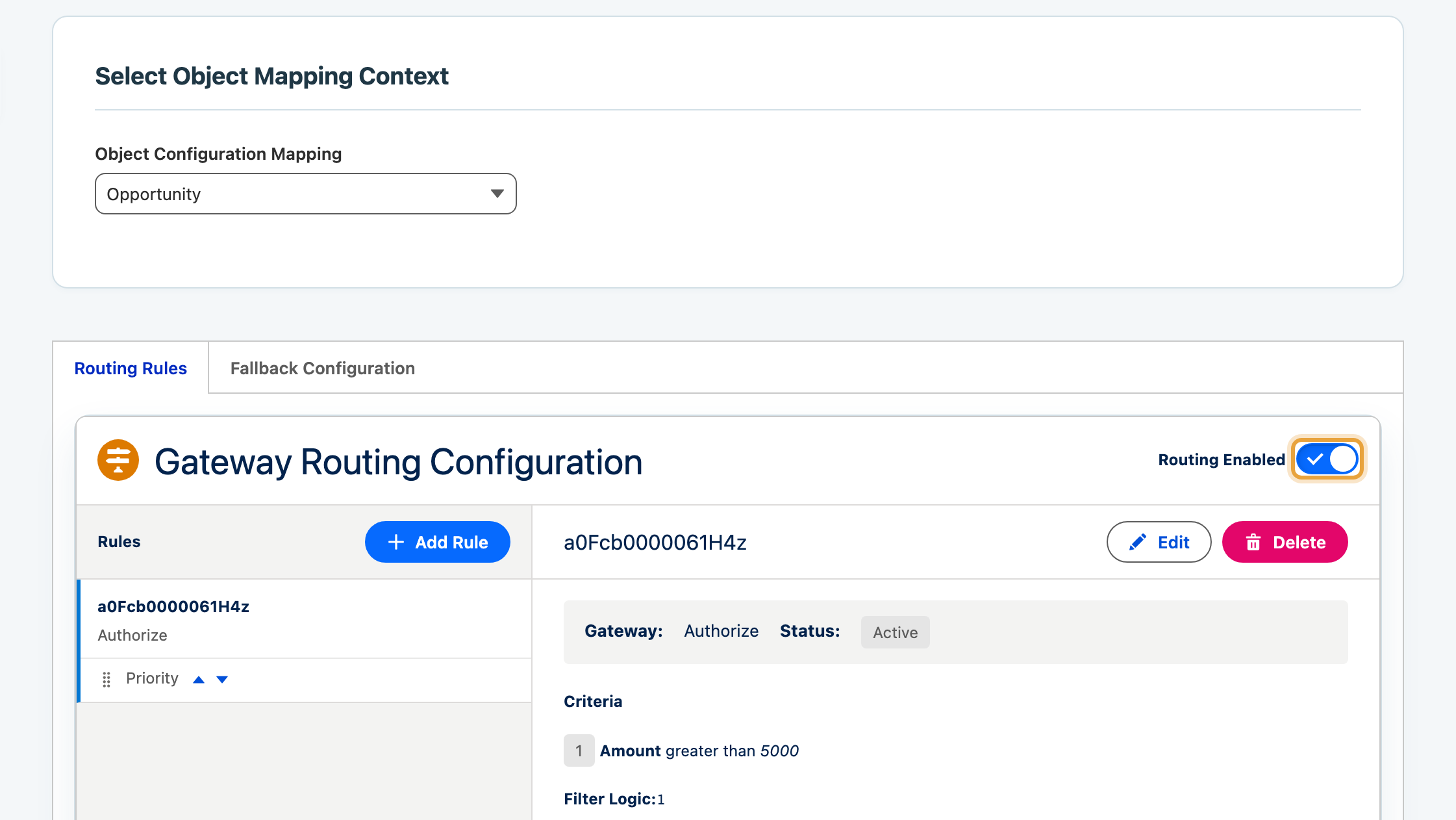 The opened routing panel with the rules list, detail panel and routing toggle visible