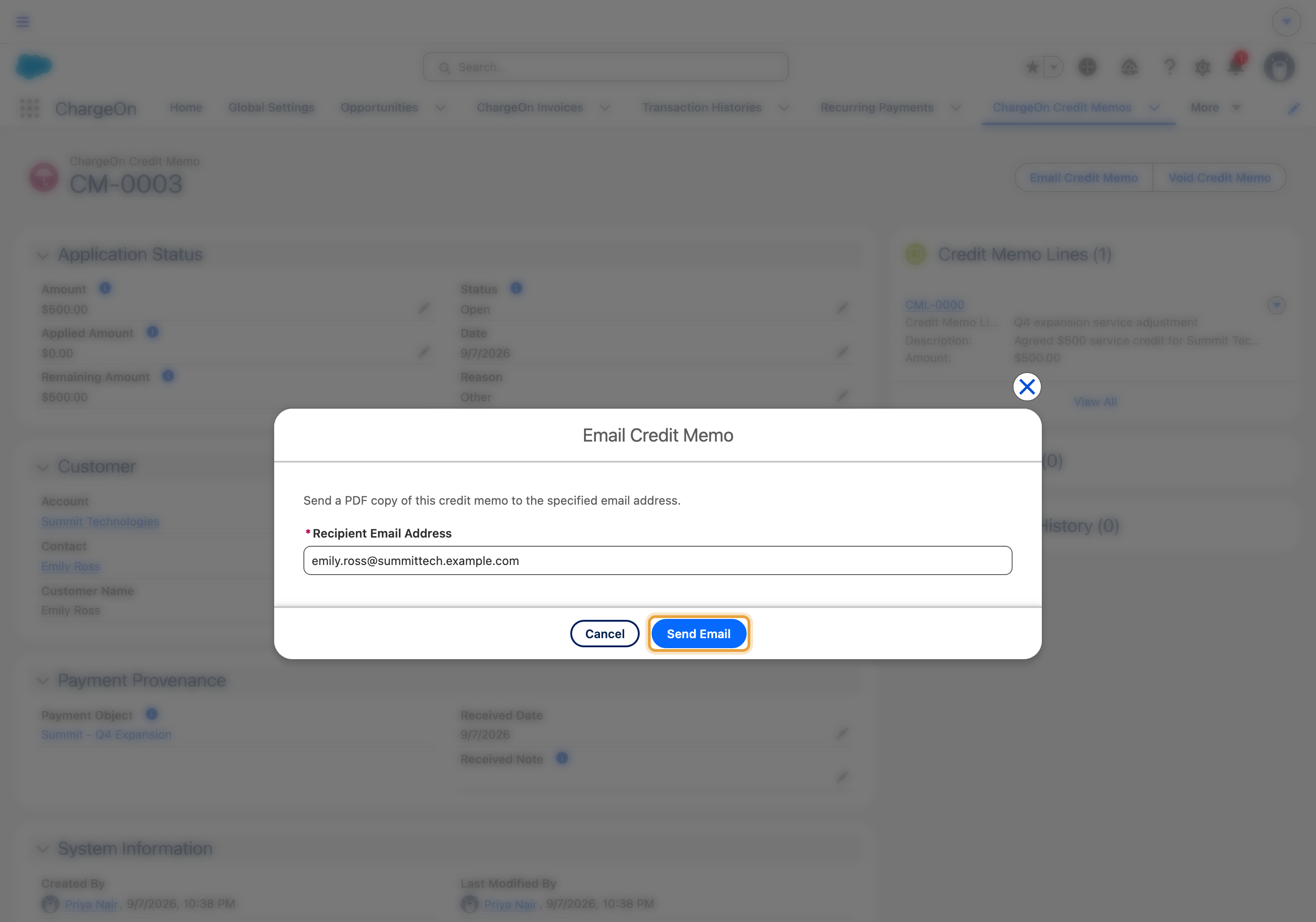 The same $500 Q4 expansion service credit addressed to Emily Ross at Summit Technologies, with Send enabled