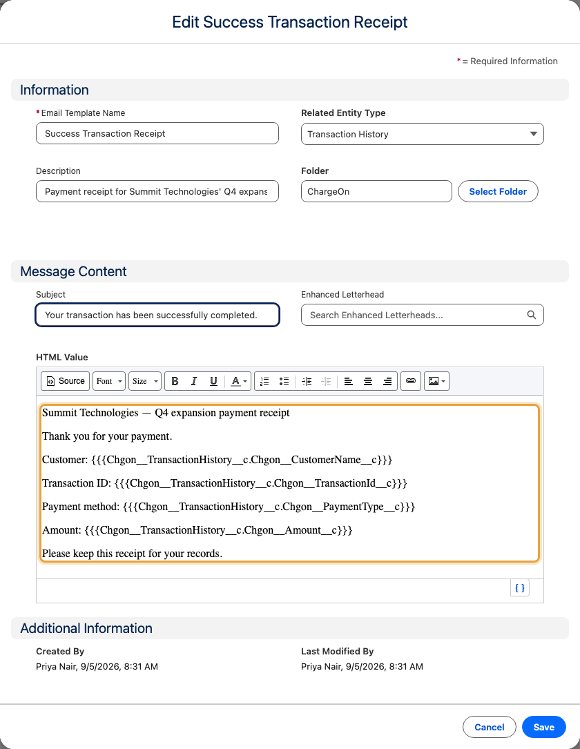 An email template open in the editor, with its wording and merge fields