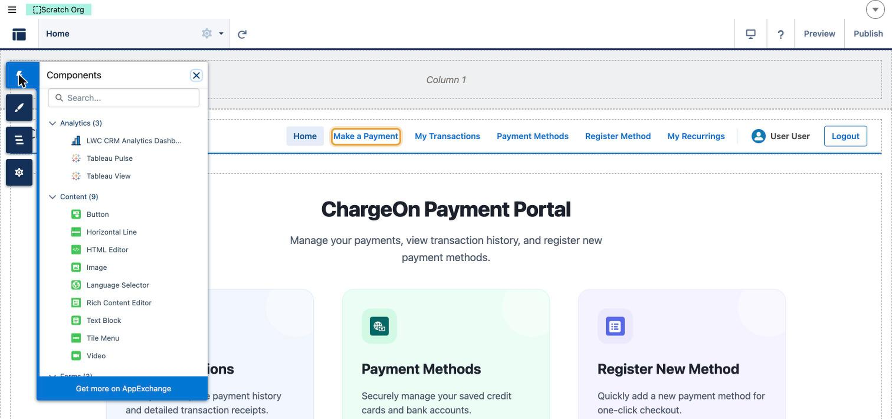 Experience Builder with the Components panel open and the placed Make a Payment component highlighted