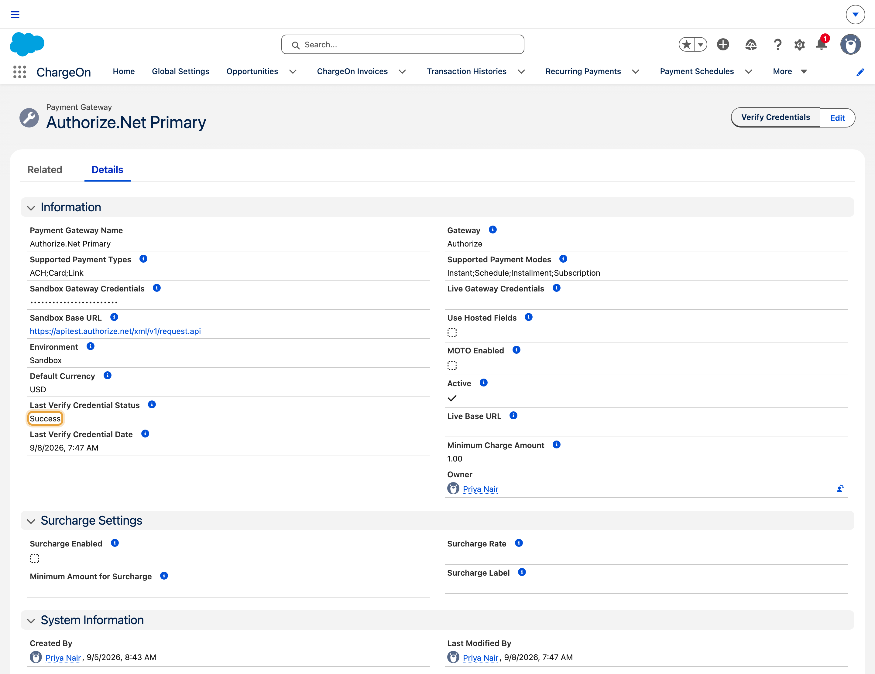 A payment gateway record showing the result of its last credential check