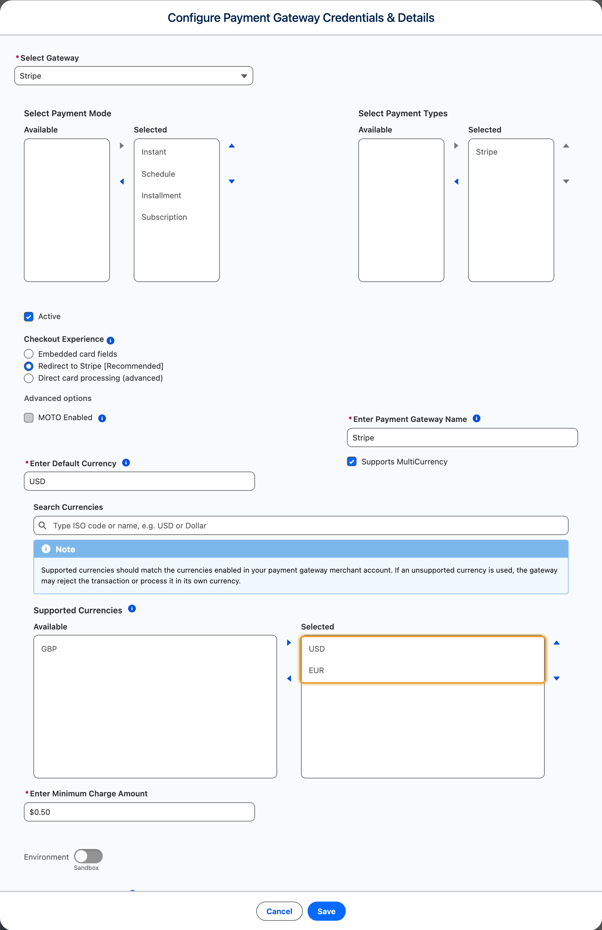 The Stripe gateway editor with USD as Default Currency, Supports MultiCurrency checked, USD and EUR selected, and Save enabled