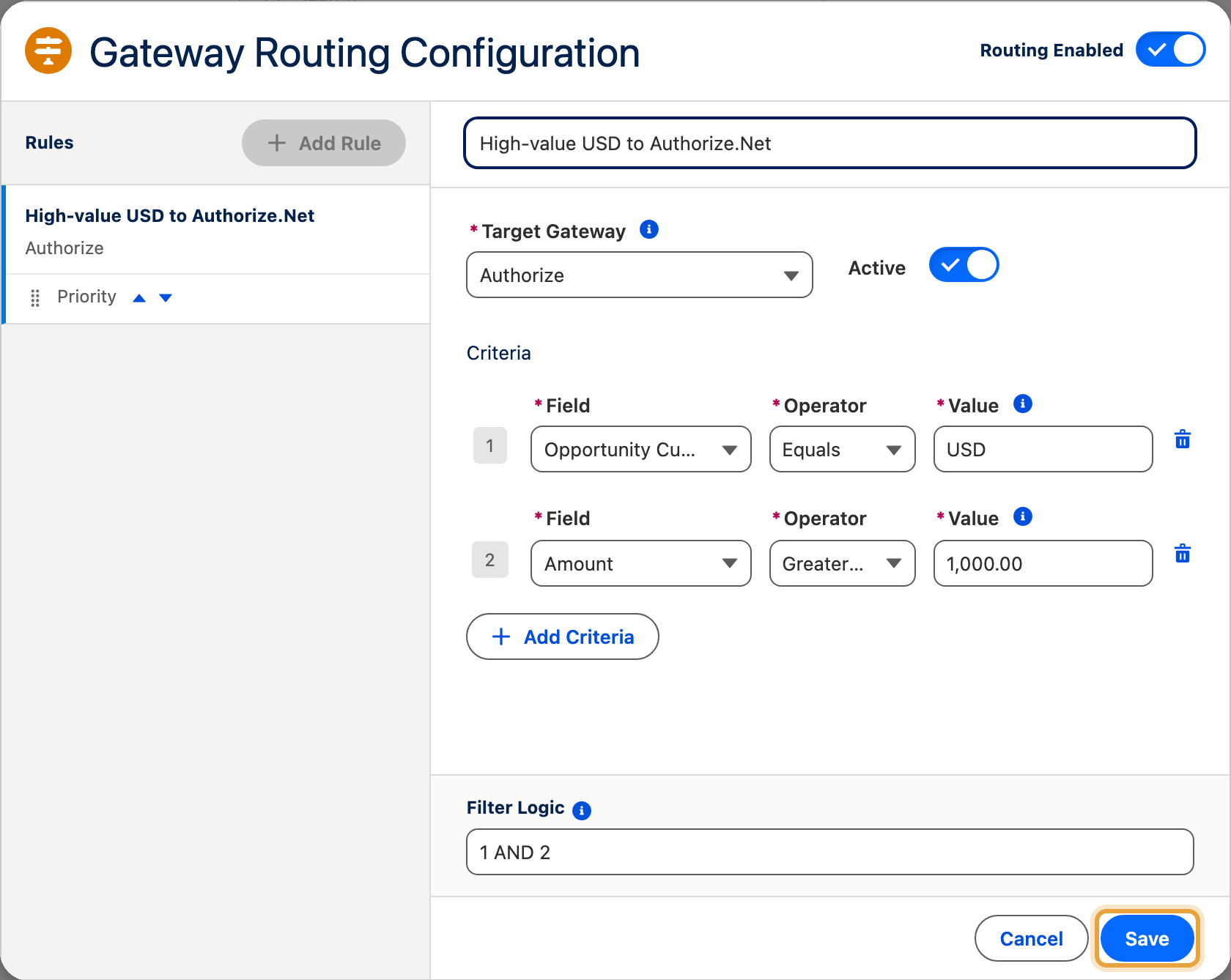 The routing rule editor, where the gateway a payment uses is decided