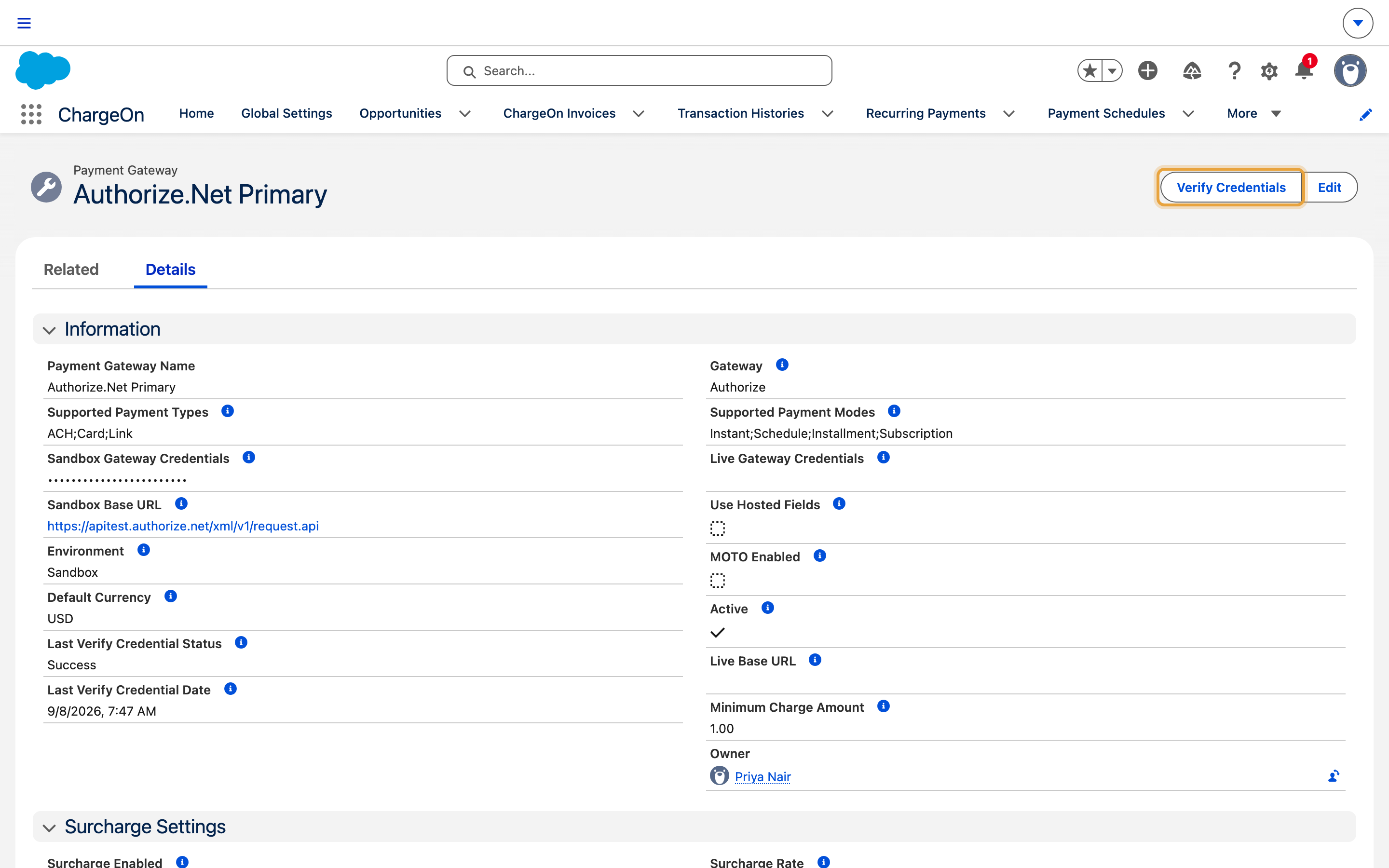 The named payment gateway record with Verify Credentials highlighted beside Edit