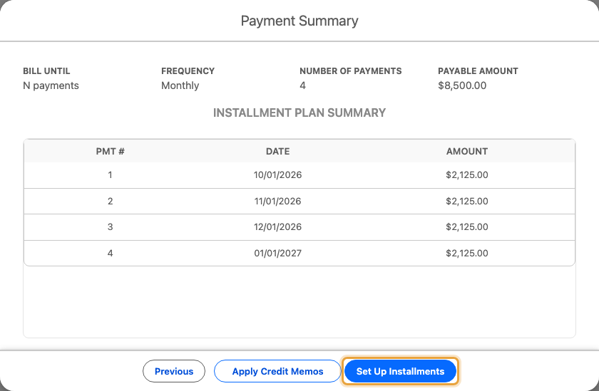 The four monthly $2,125 payments for Emily Ross's $8,500 Q4 expansion, with dates and Set Up Installments visible
