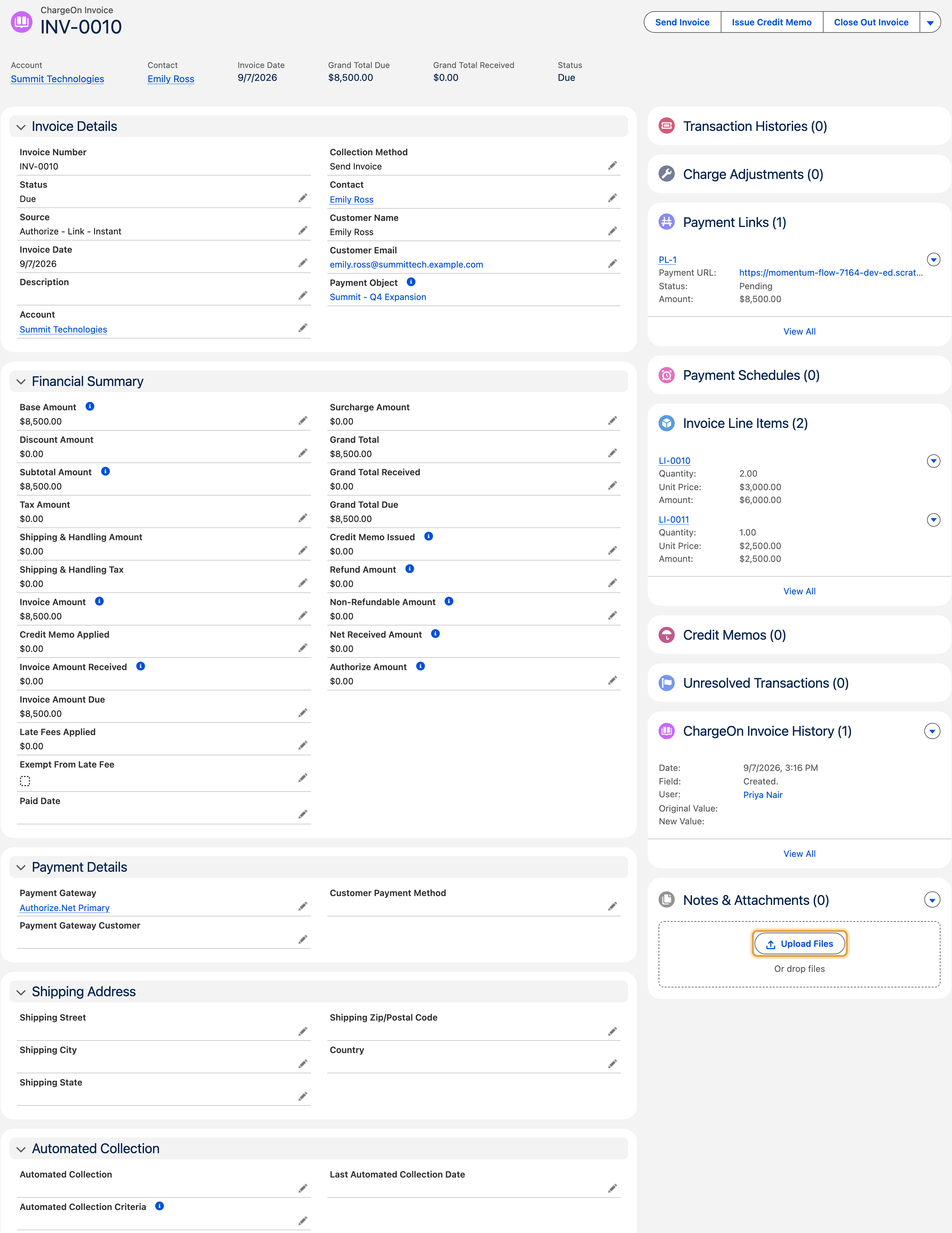 The $8,500 Q4 expansion invoice for Summit Technologies, with Notes and Attachments and Upload Files visible before the supporting receipt is uploaded