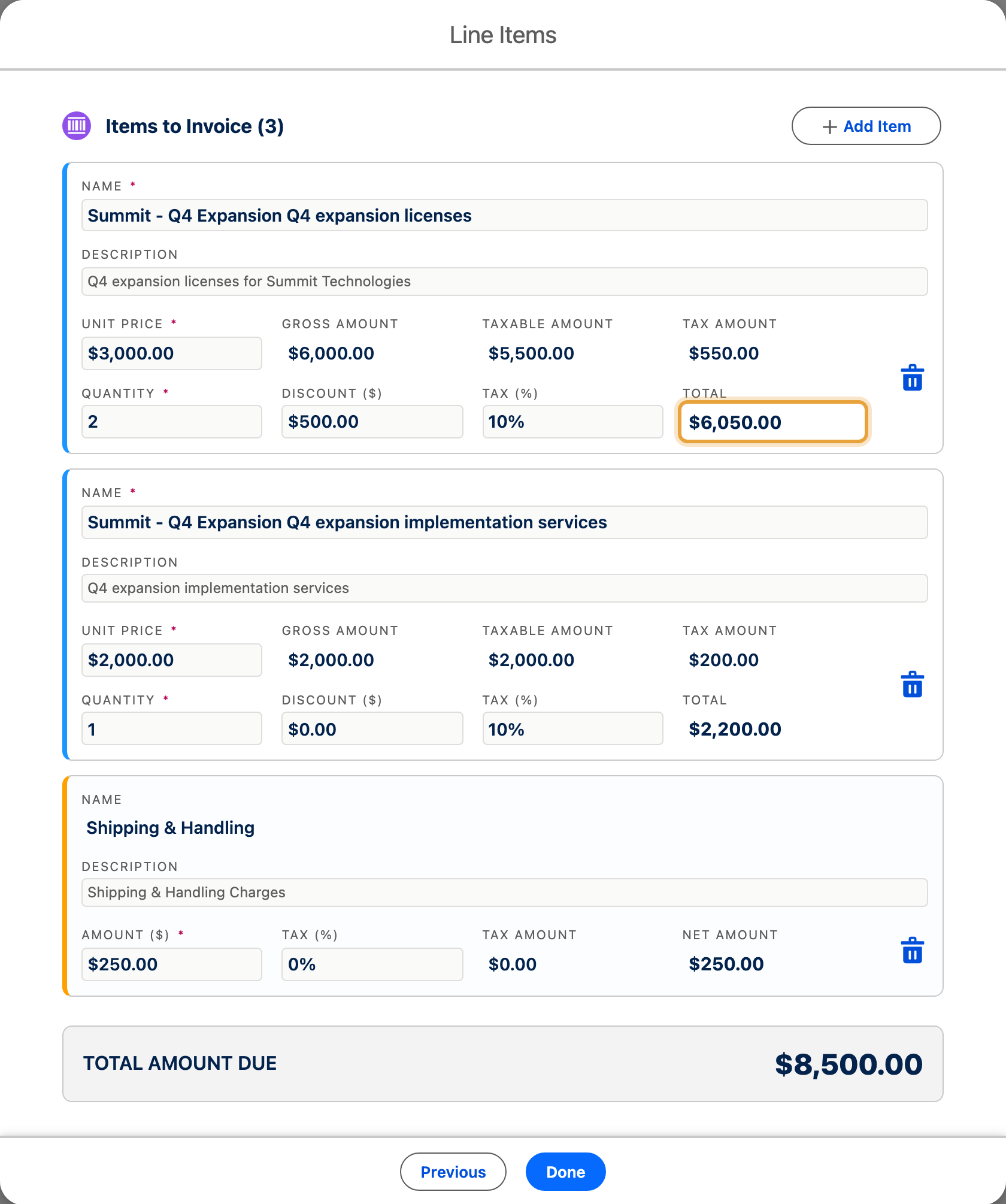 The Q4 expansion tax and discount example, with adjusted service totals of $6,050 and $2,200 plus $250 shipping, totalling $8,500