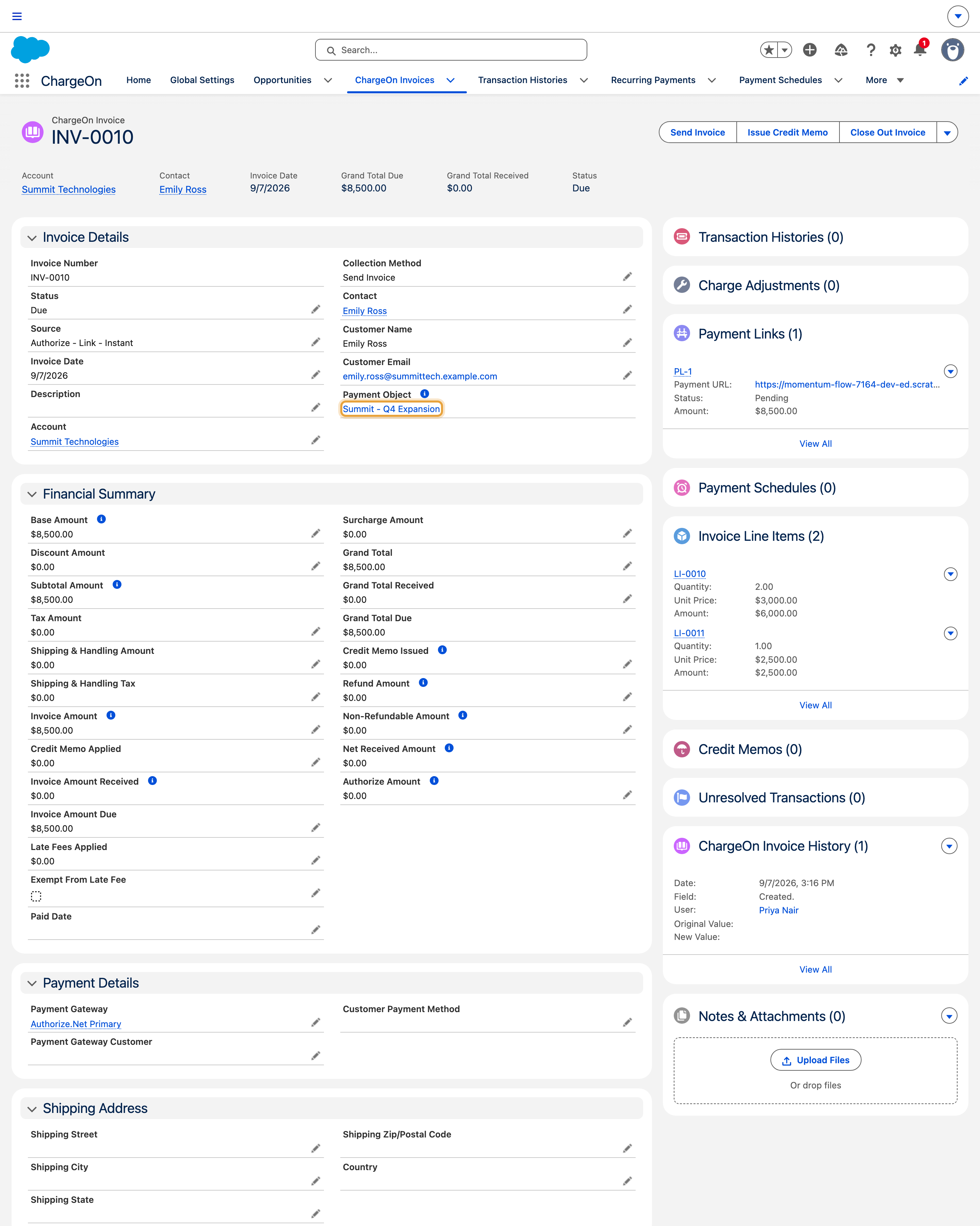 Emily Ross's $8,500 invoice with the Payment Object link to Summit - Q4 Expansion highlighted