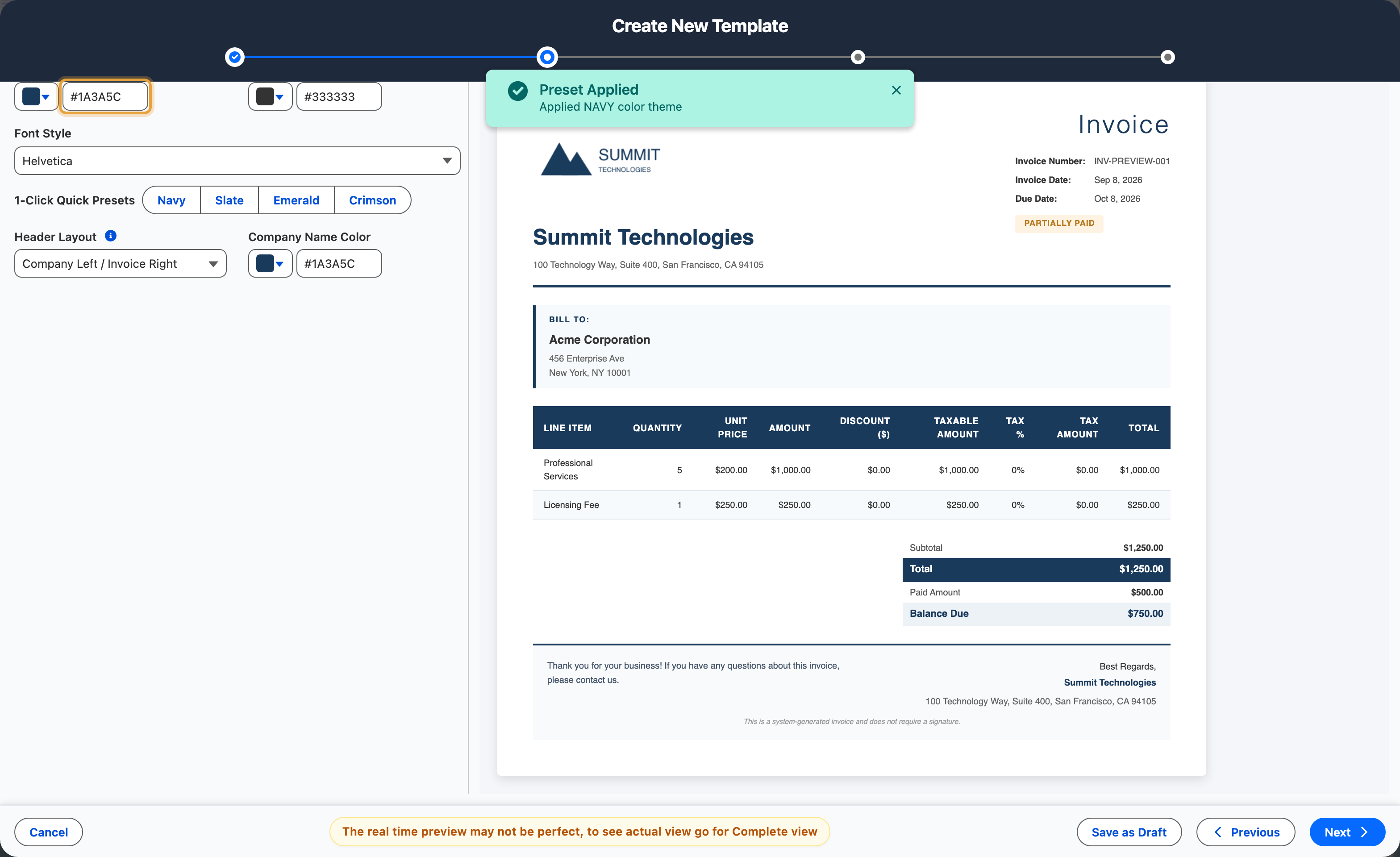 The style settings for an invoice template, with the company name, logo and brand colour showing in the preview beside them
