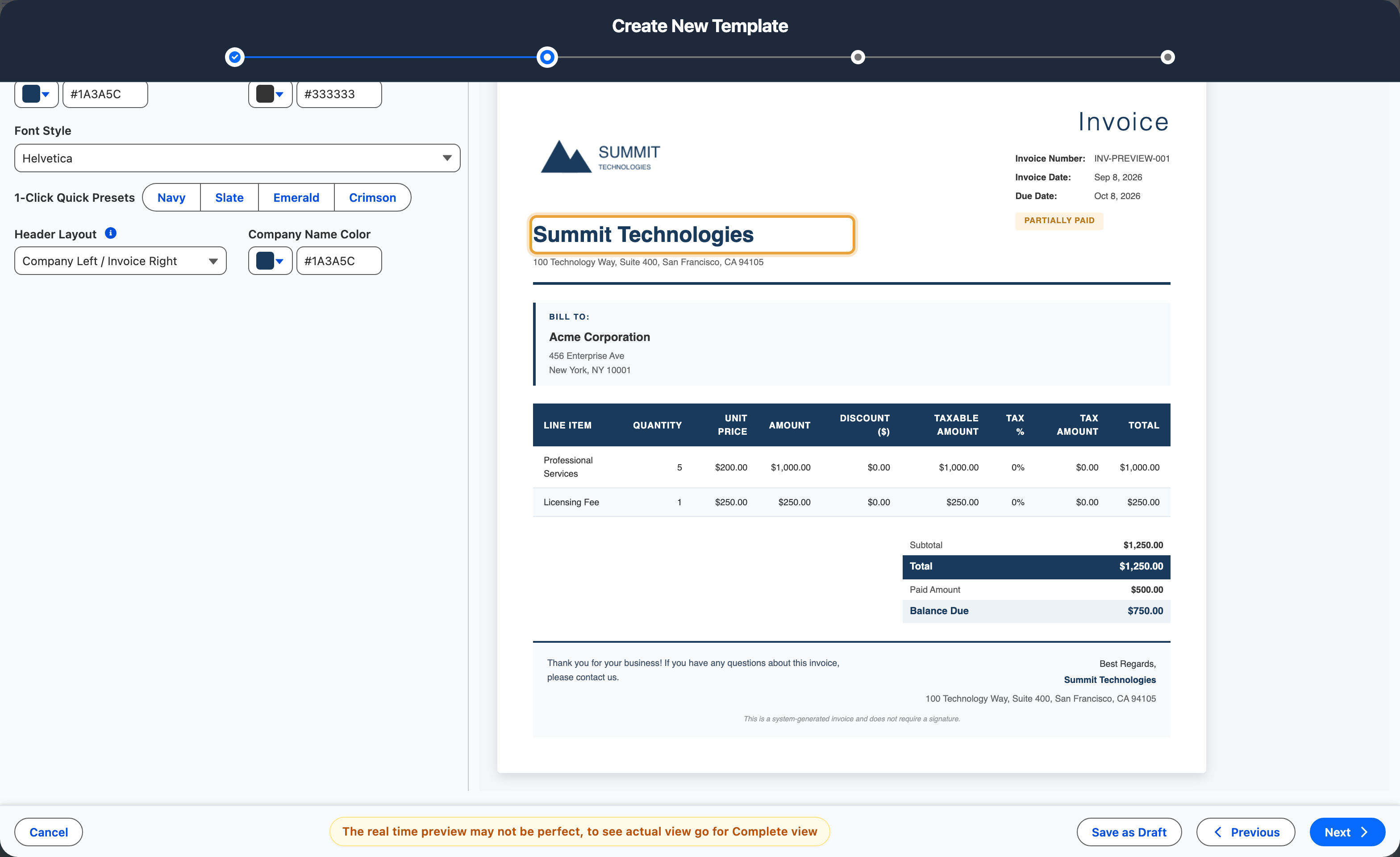 An invoice template open in the builder, with the settings on the left and a live preview of the invoice on the right