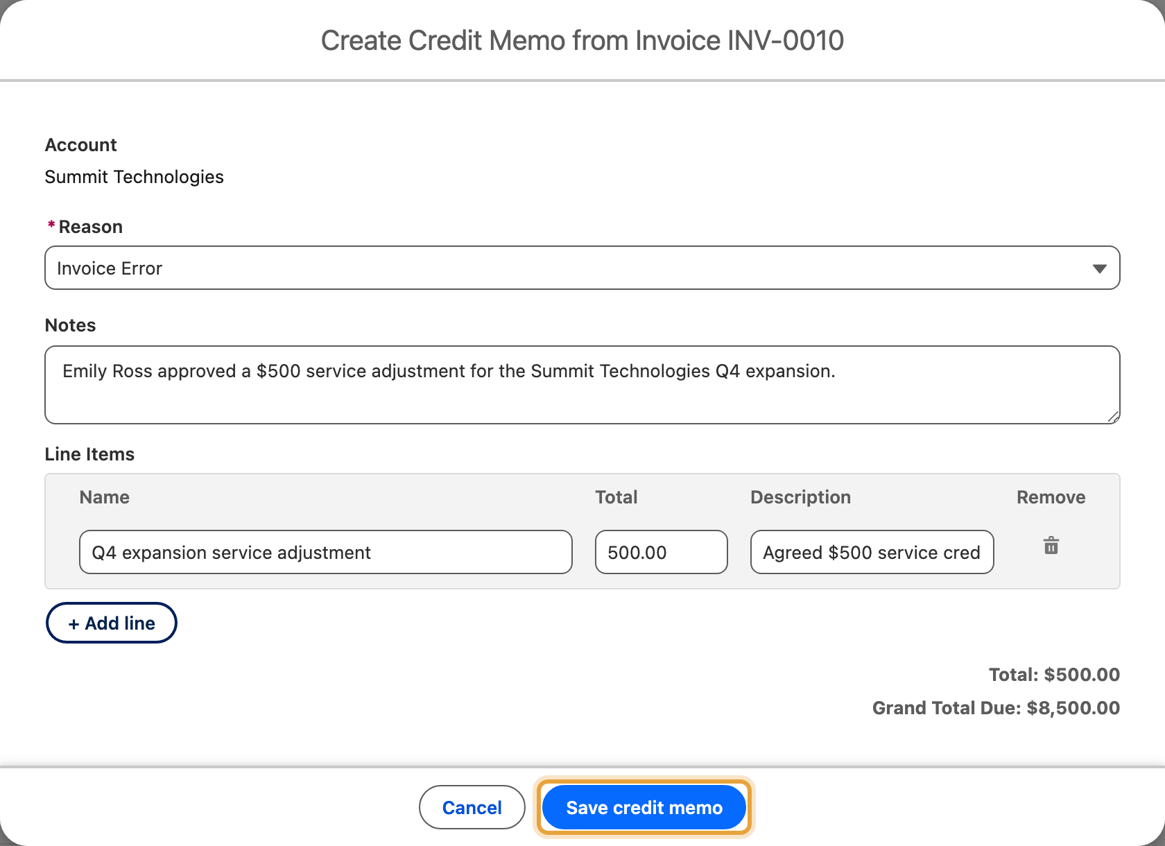 A $500 service credit for the $8,500 Q4 expansion invoice, with reason and amount completed and Save credit memo enabled