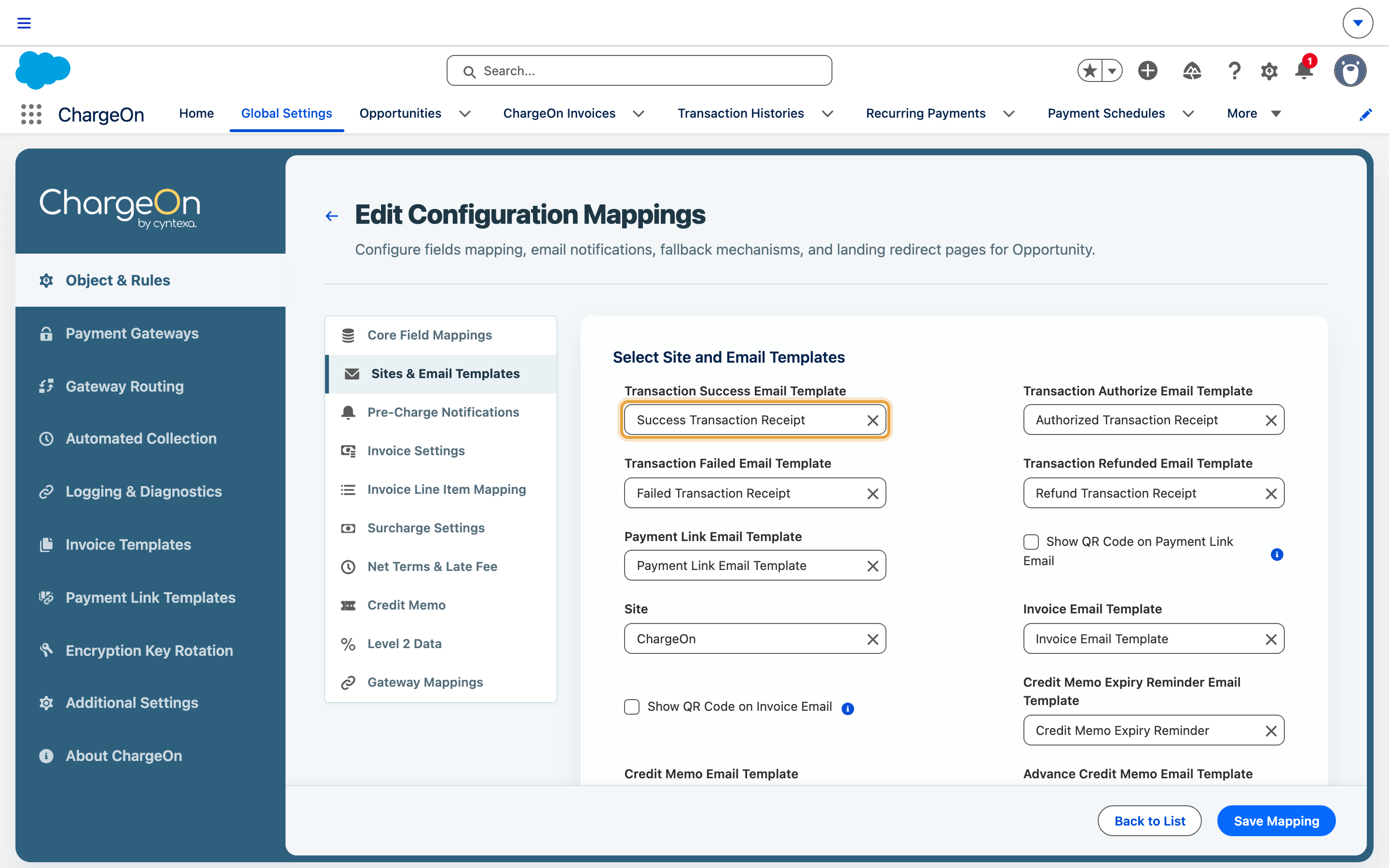 The Sites and Email Templates section of a ChargeOn mapping, with templates assigned to each notification