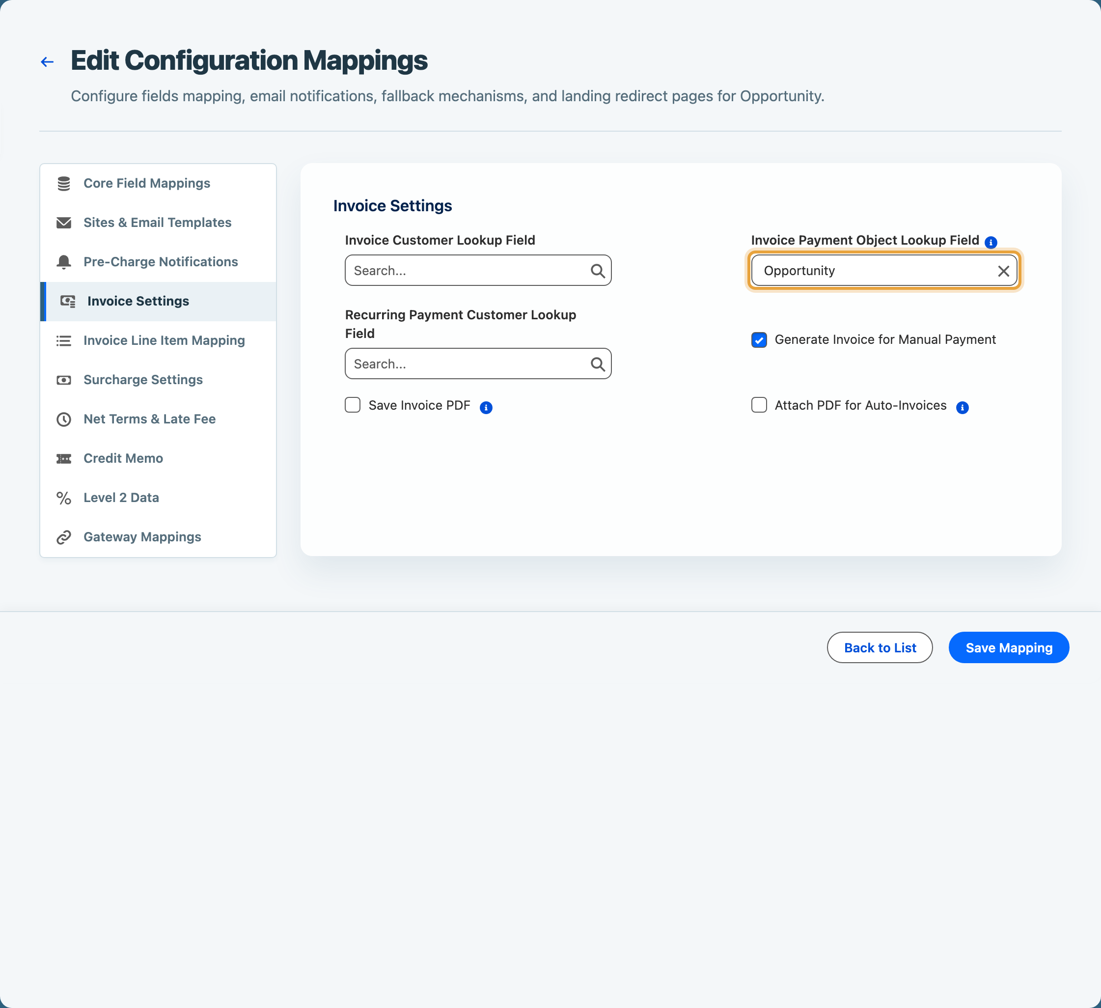 The Edit Configuration Mappings screen on Invoice Settings, with Invoice Payment Object Lookup Field set to Opportunity