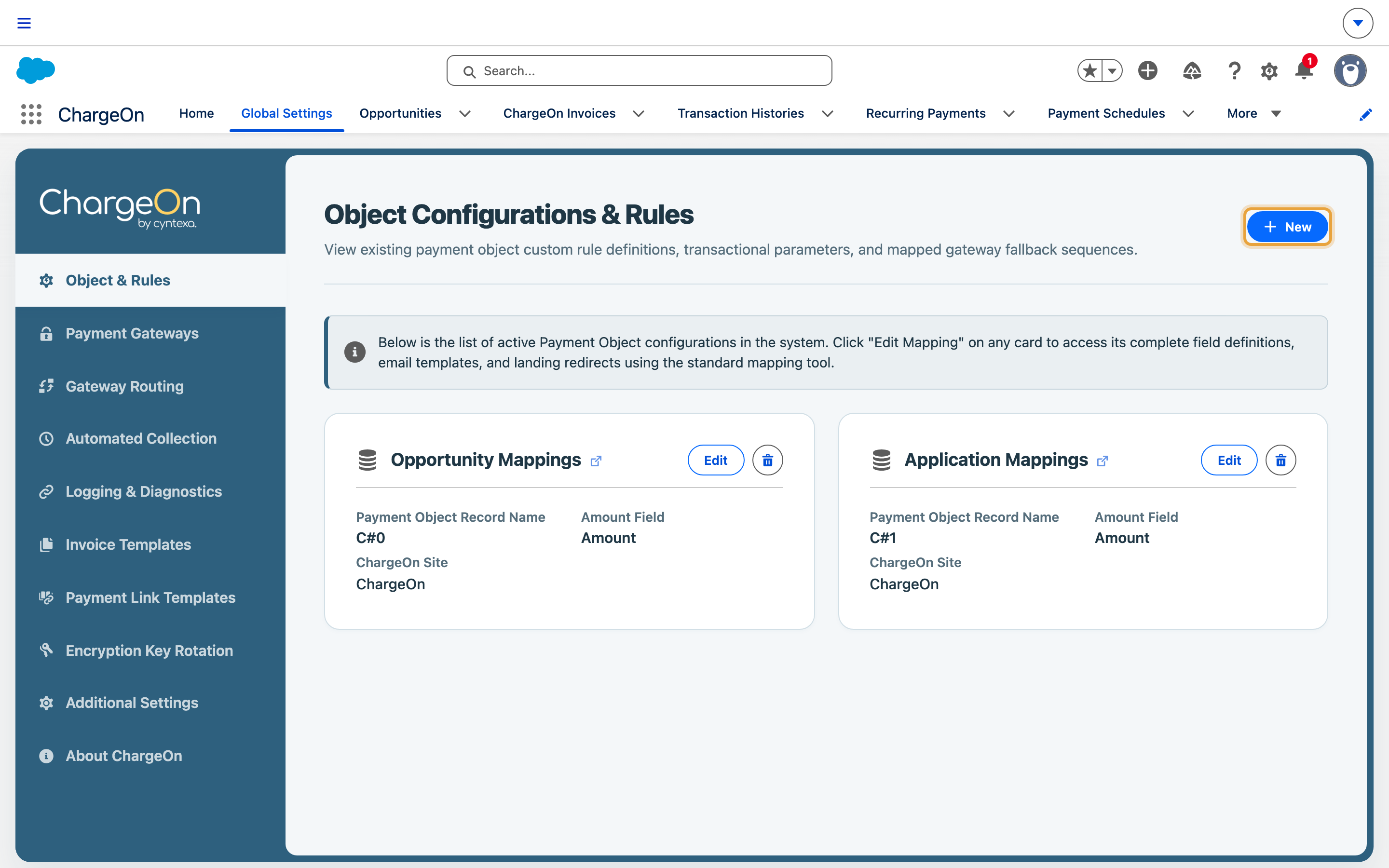 The Object and Rules list in ChargeOn Global Settings, showing the configured Opportunity mapping with the New button highlighted
