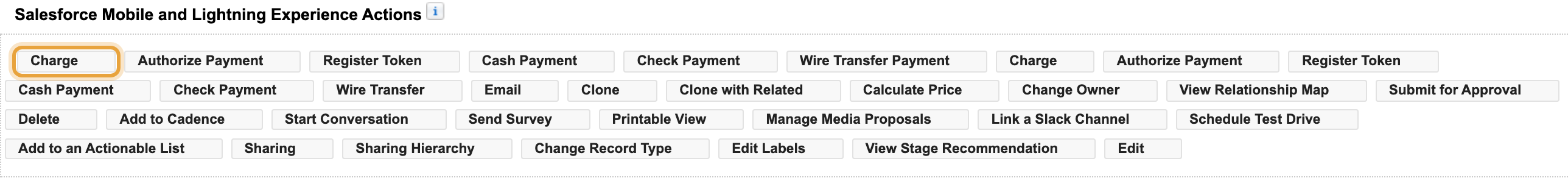 The Opportunity page layout editor with desktop Charge placed in Salesforce Mobile and Lightning Experience Actions