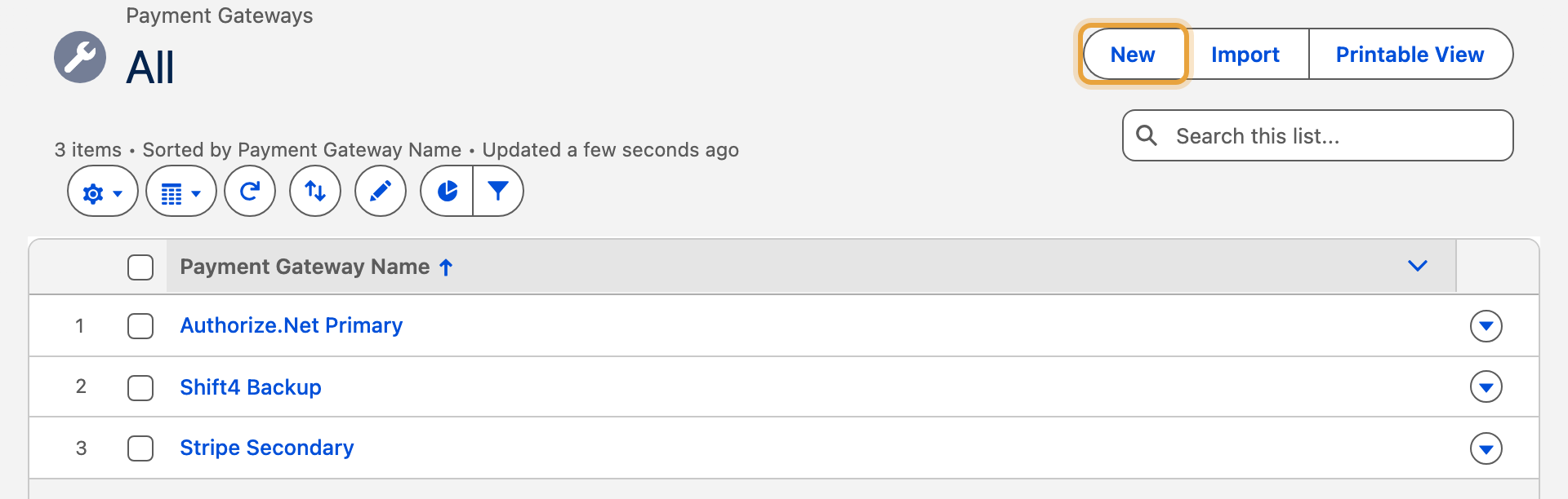 The Payment Gateway list view with the New button highlighted