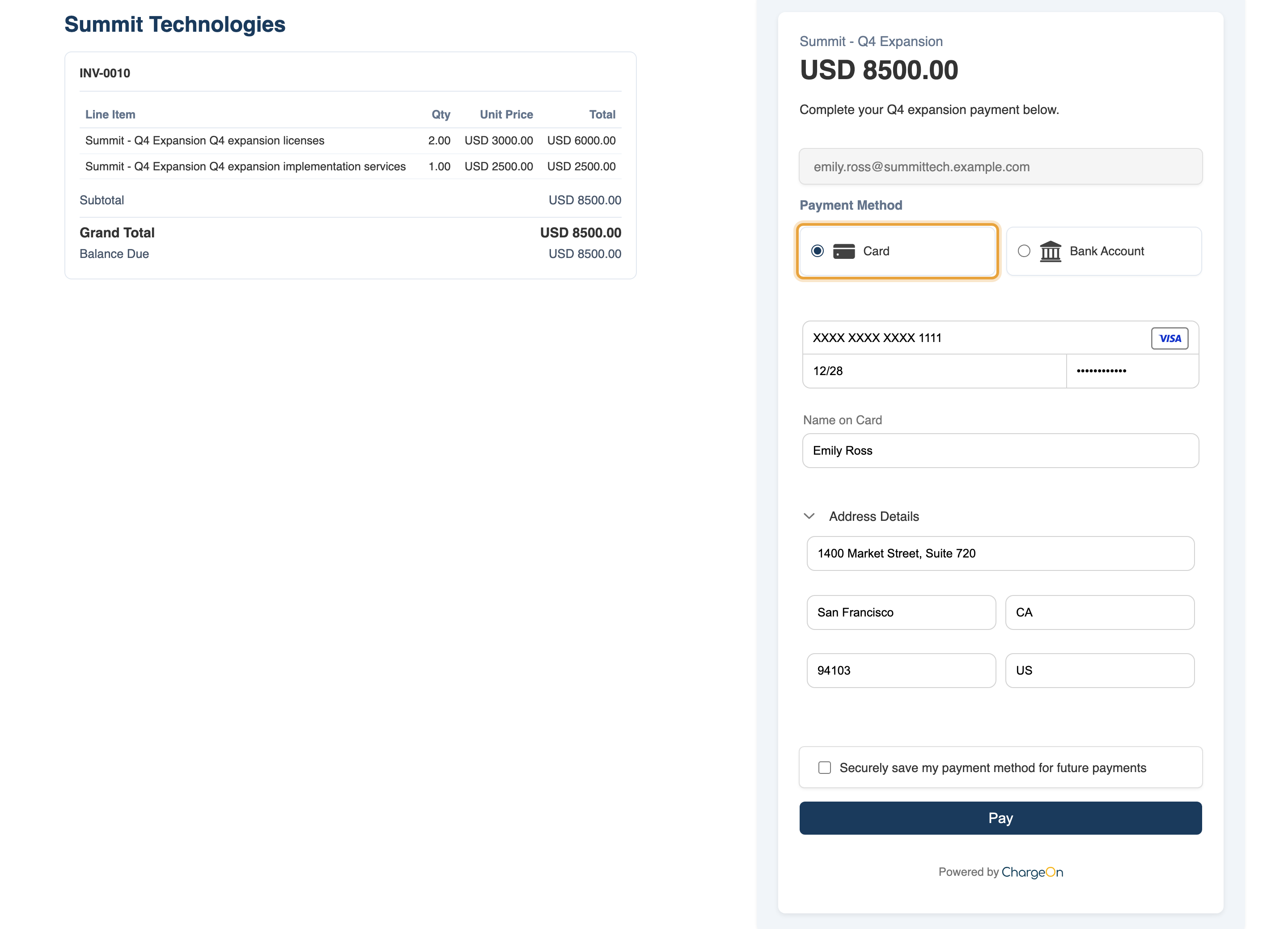 Emily Ross's $8,500 Q4 expansion checkout, showing the matching invoice service lines and completed payment form