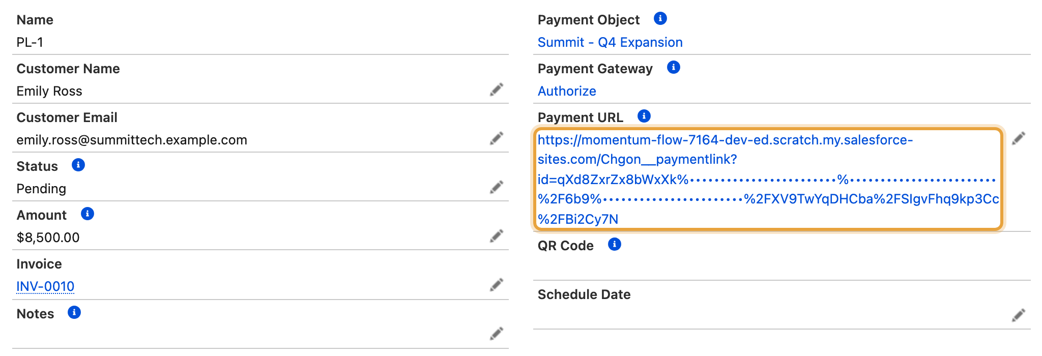 The generated $8,500 Q4 expansion payment link for Emily Ross at Summit Technologies, showing its Pending status and payment address