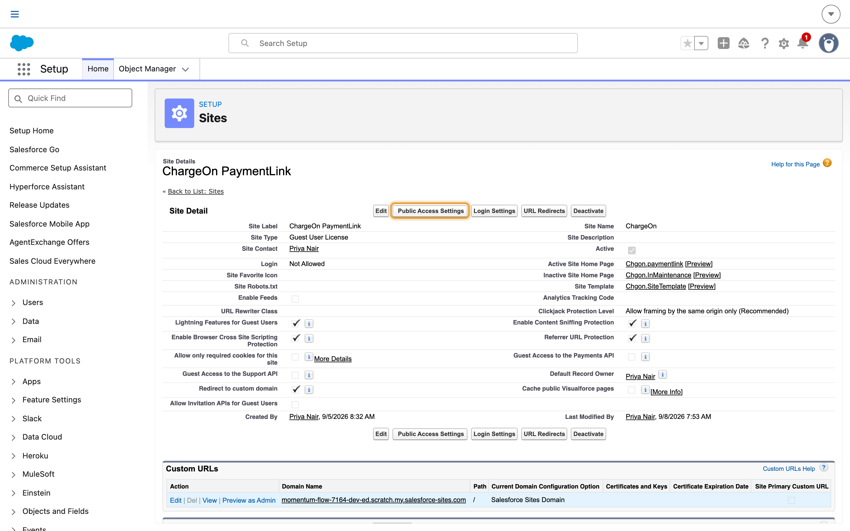The saved active ChargeOn PaymentLink site with Public Access Settings available