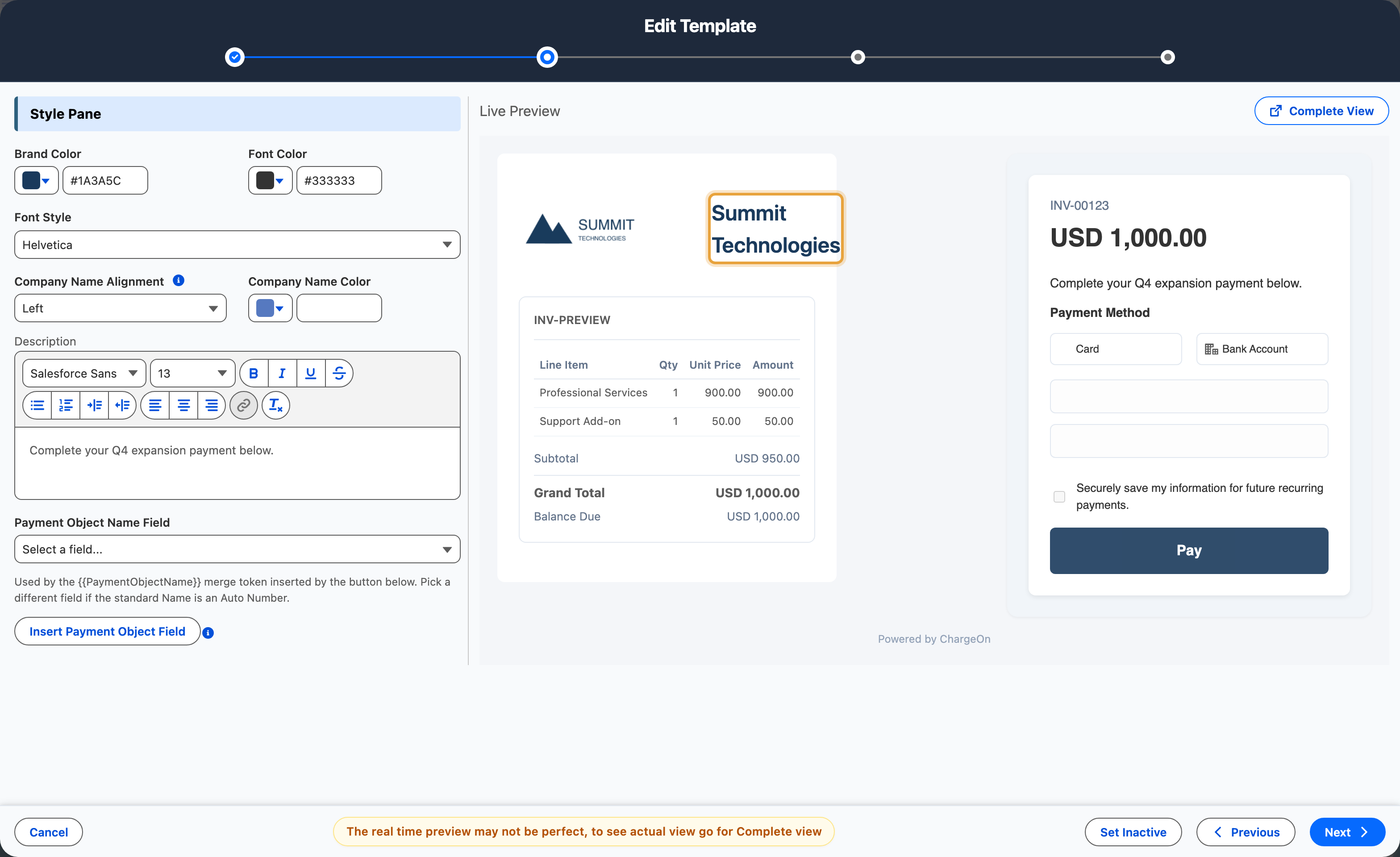 A payment link template open in the builder, previewing the branded page a customer opens from the link