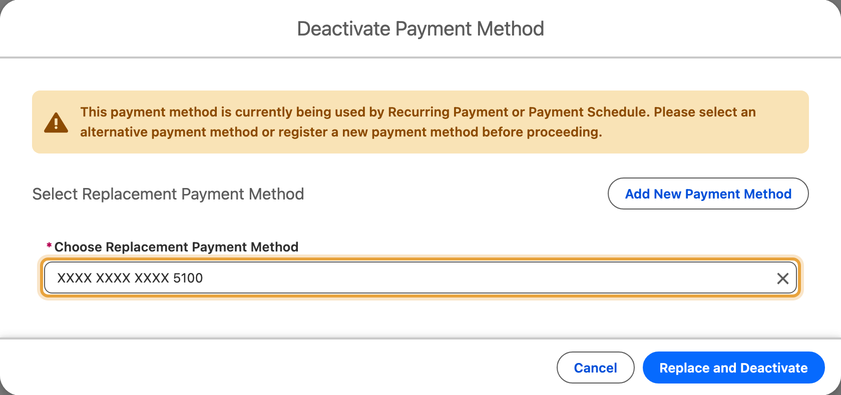The same Q4 expansion plan's saved card in the replacement dialog, with Emily Ross's different Mastercard ending 5100 selected and Replace and Deactivate enabled