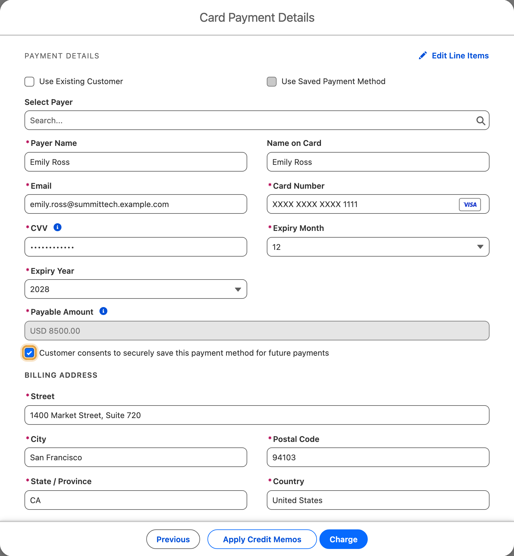 The payment form with the customer's consent to save the method ticked
