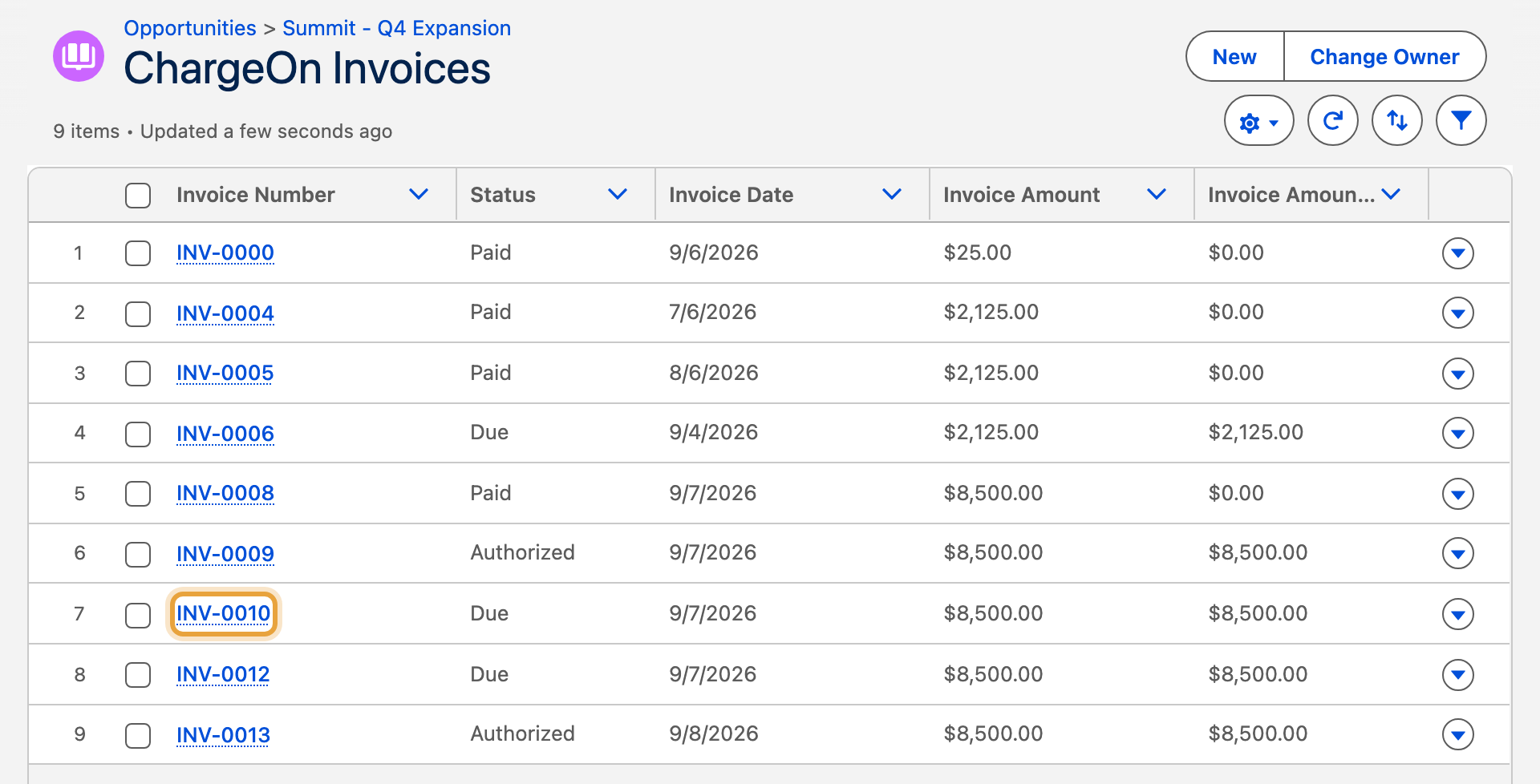 The Summit Q4 expansion Opportunity's expanded ChargeOn Invoices list, showing its linked $8,500 invoice