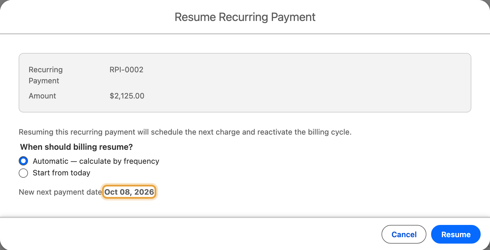 The resumption timing for Emily Ross's Q4 expansion installment plan, billed at $2,125 per cycle