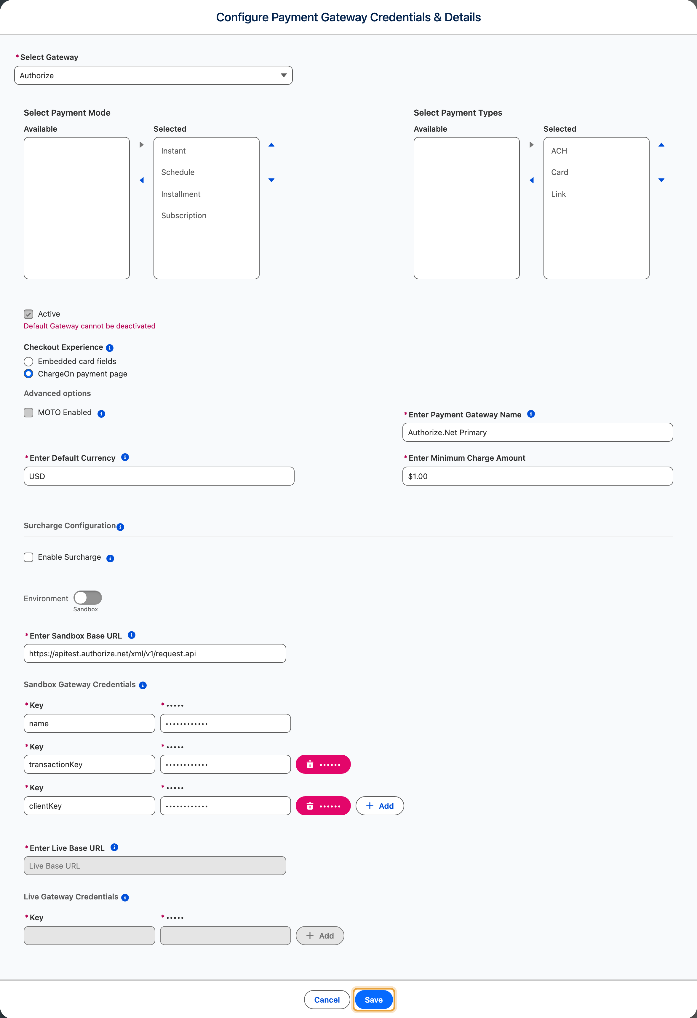 A configured gateway with its payment settings visible and credential values masked