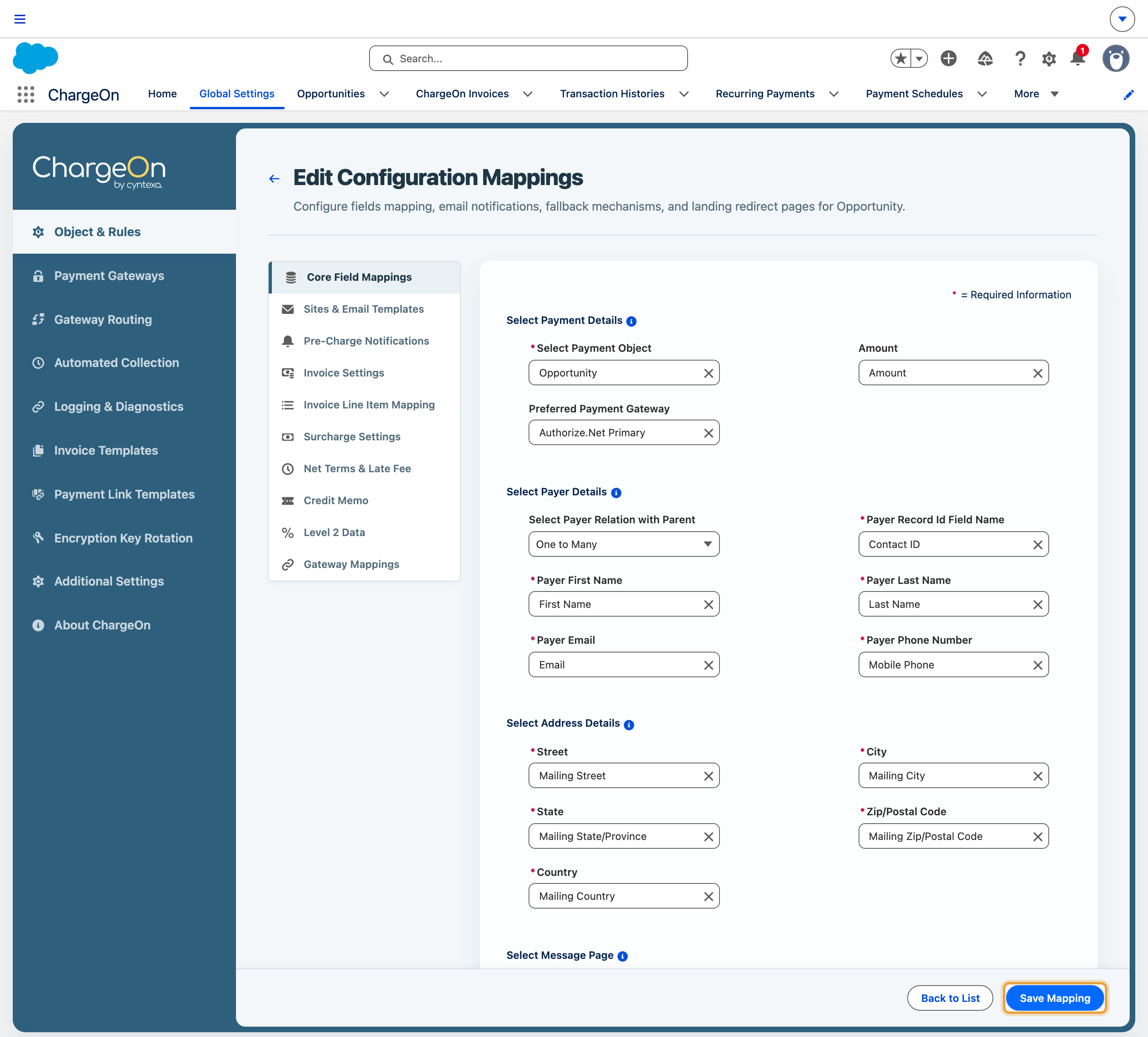 The completed object mapping, with Opportunity as the payment object, the amount and payer fields mapped, and a named gateway selected