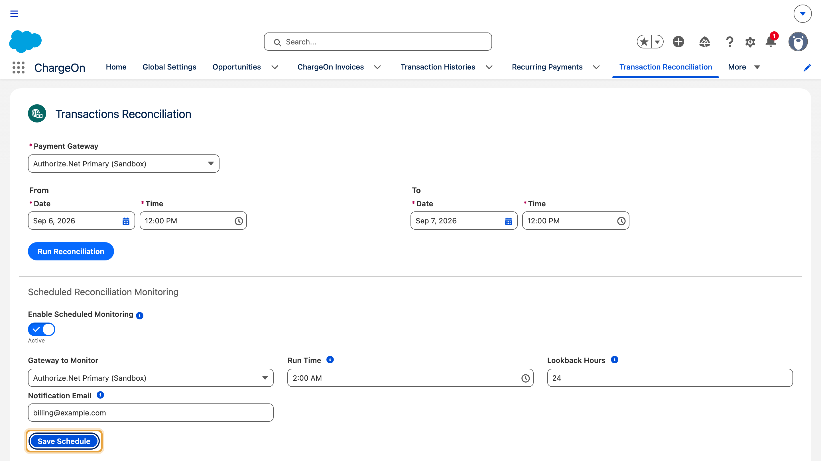The Transactions Reconciliation screen, where a scheduled reconciliation run is configured