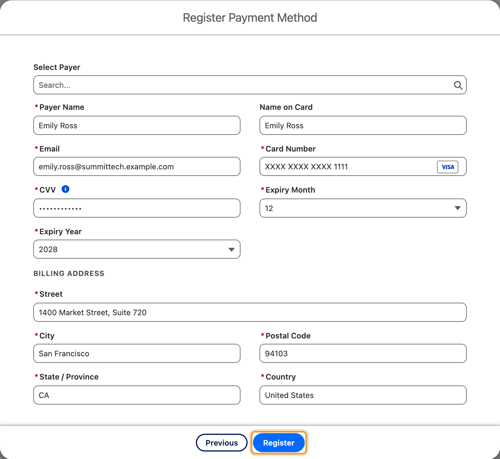 The Register Token form, saving a payment method without taking a payment