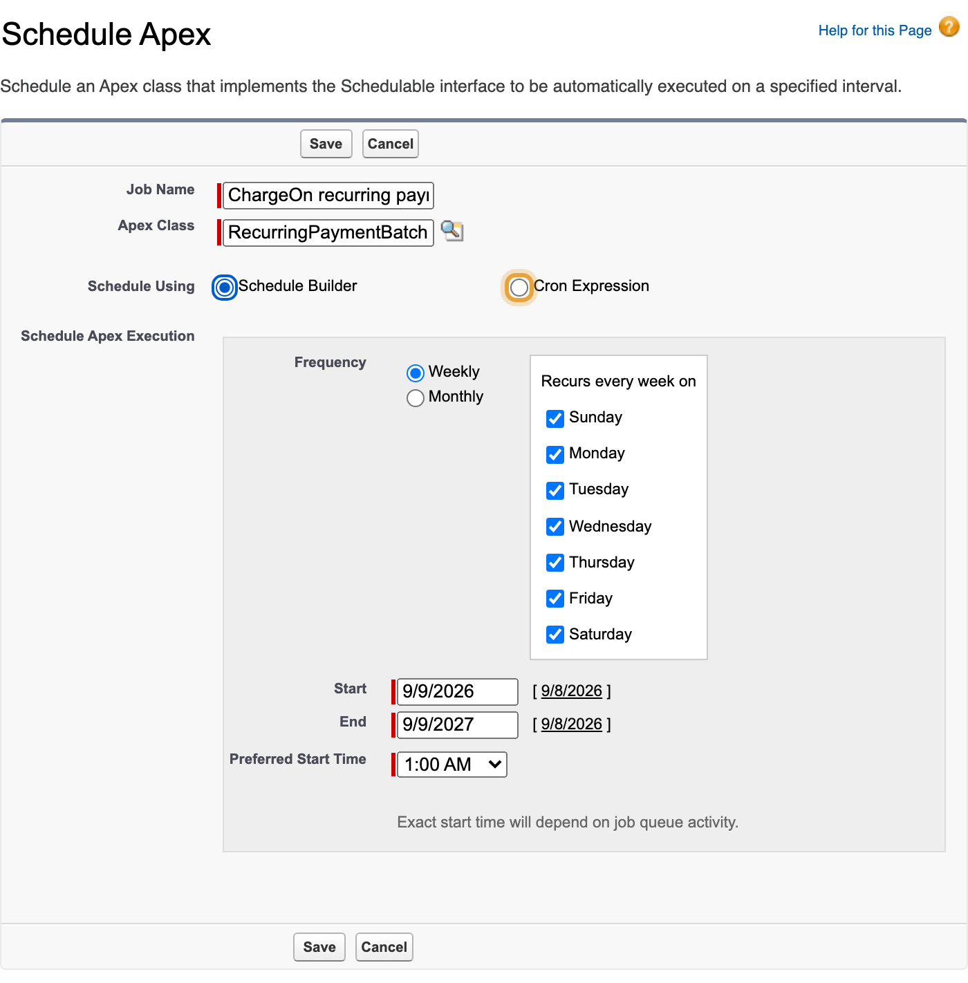 The Schedule Apex form, with the Cron Expression option highlighted